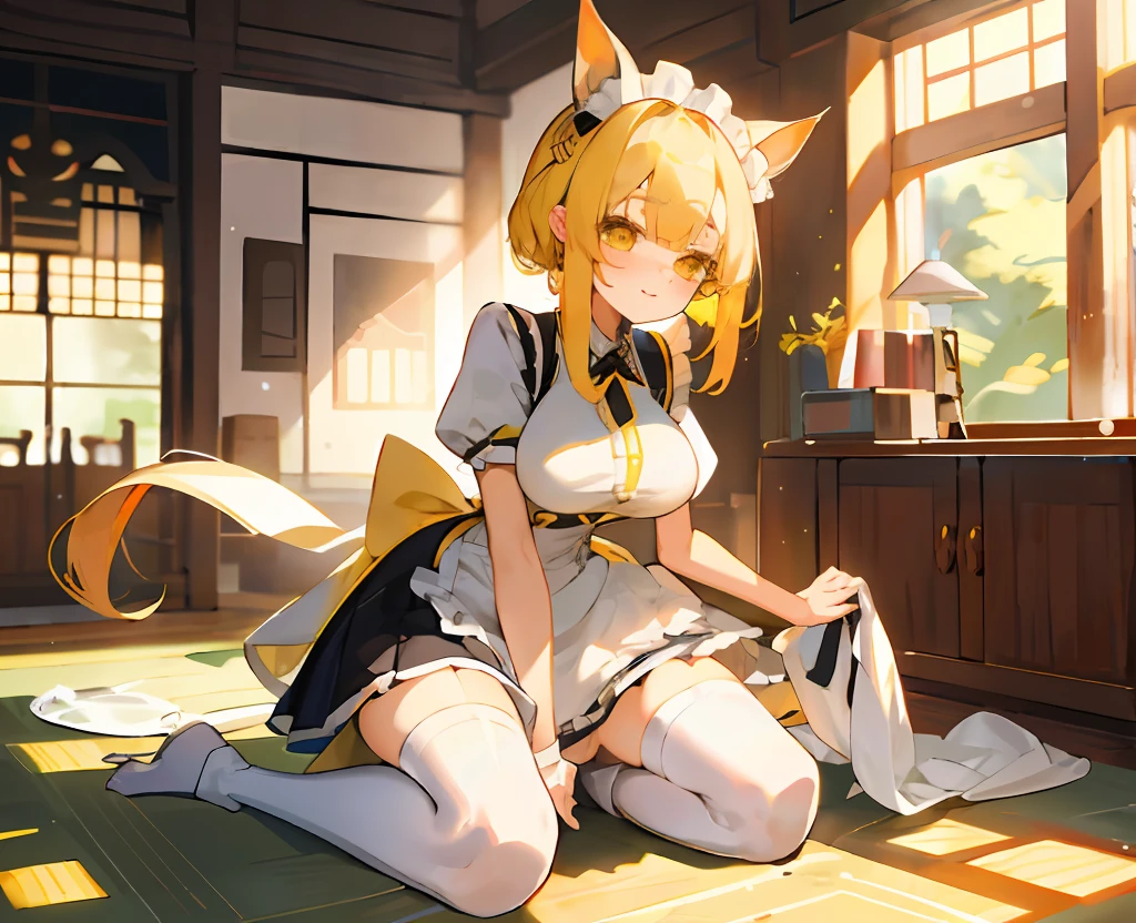 s girl，A cute lolite stockings，Yellow hair，dual horsetail，k hd，best qualtiy，超高分辨率，JK service，Beast-eared maiden，cheerful big breasts，light and shadow effect，the maid outfit，the maid outfit，Cute big breasts