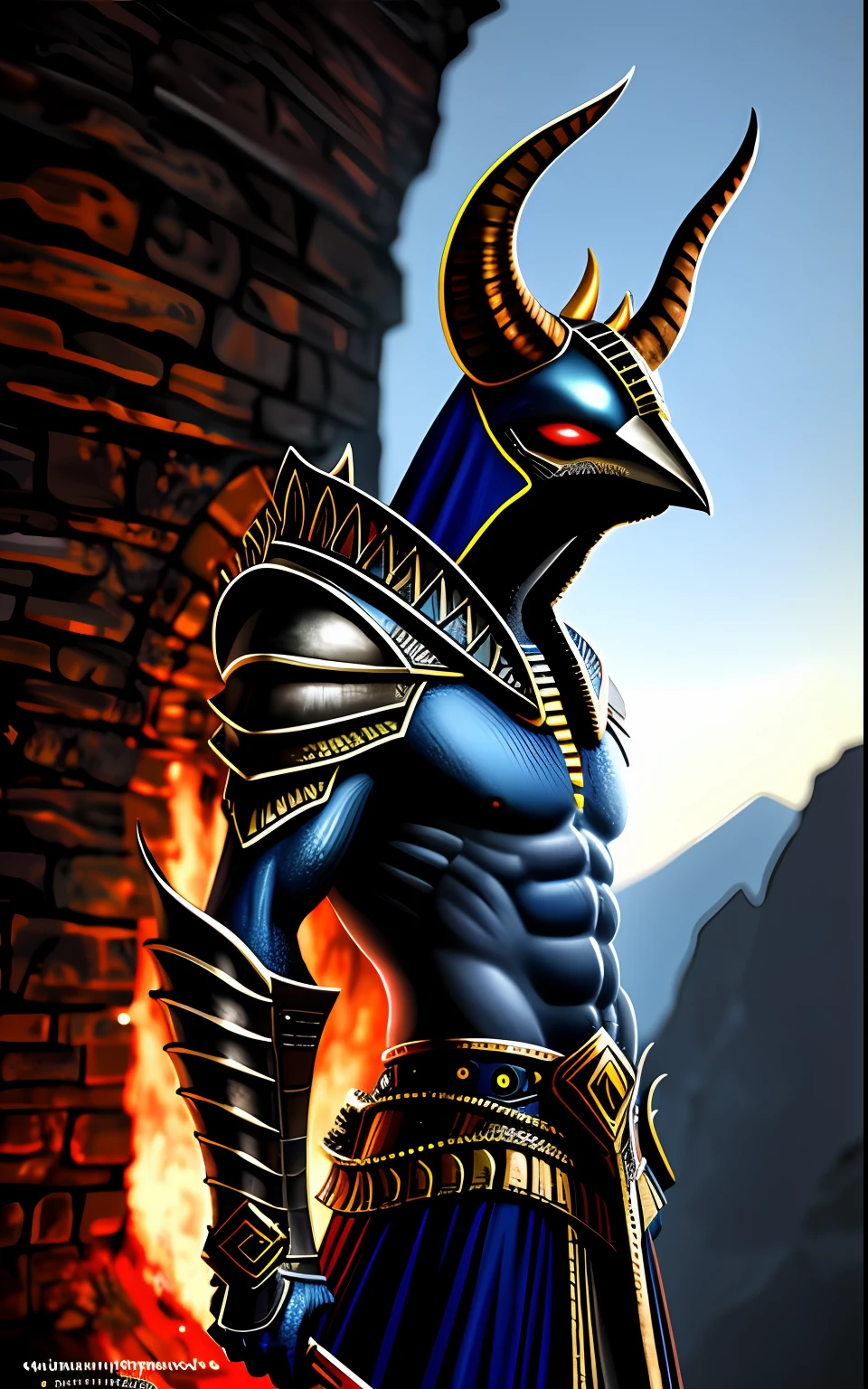 (alta qualidade), fotorrealista, (oil-painting) jewelries, (solo), (dinamic pose), para a direita, ((Hell's Gate)), fogo, paisagem do inferno, (o submundo), (paisagem escura), anubis, Egyptian god with jackal head, antro, musculoso, (segurando escamas douradas), dinamic pose, cinemactic, dramatic camera angle, armadura dourada: 0,25, capa preta e dourada, (boa anatomia), (good proportions), premiado, obra-prima, centrado, um homem com espada de fogo, cor vermelho e Azul