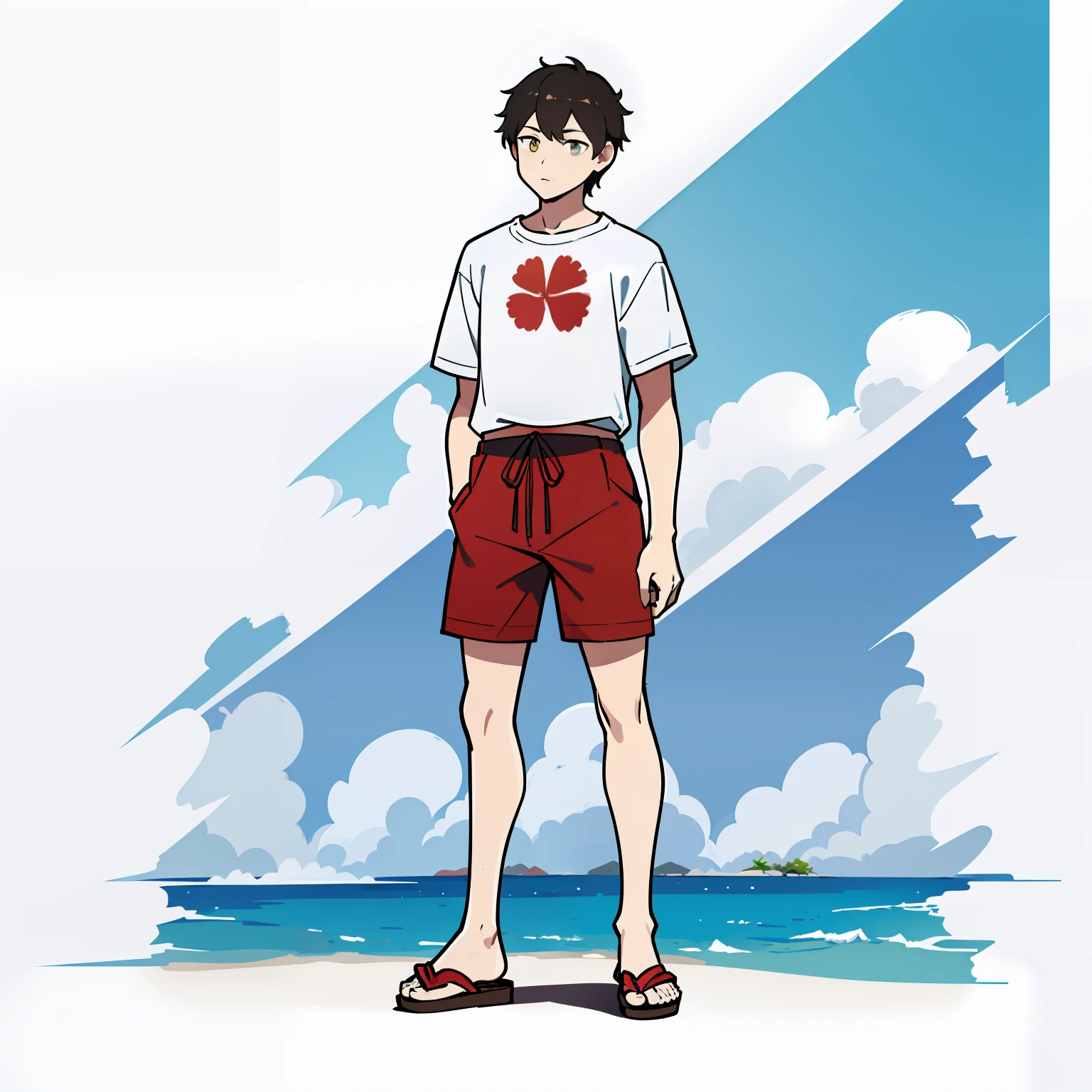 with a pure white background，with a simple background，Character standing drawing，male people，Beach flower shirt，Shirt red, yellow and white decors，Beach shorts，flipflops，Stand up，Full body portrait