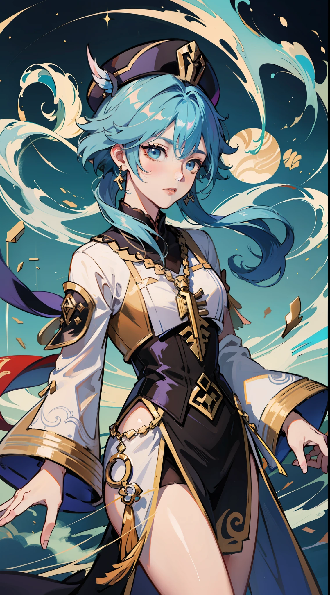 tmasterpiece，best qualtiy，A high resolution，Best quality at best，high qulity，Best anime，Anime character with blue hair with white costume，Genshin Impact of Dadalia，Genshin impact's character，Remreze，Ark，From the night of the ark，From Arknights，Genshin Impact Zhongli，detailed key anime art，Delicate androgynous prince，Illustration by Shigeri Sojima，genshin impact style，beautiful androgynous prince，Key anime art，genshin impact，Full body solo character，redheadwear，eBlue eyes，Red scarf，8k，Best Picture Quality，Neutral wind，From Azur Route，anime fantasy illustration，High detail official artwork