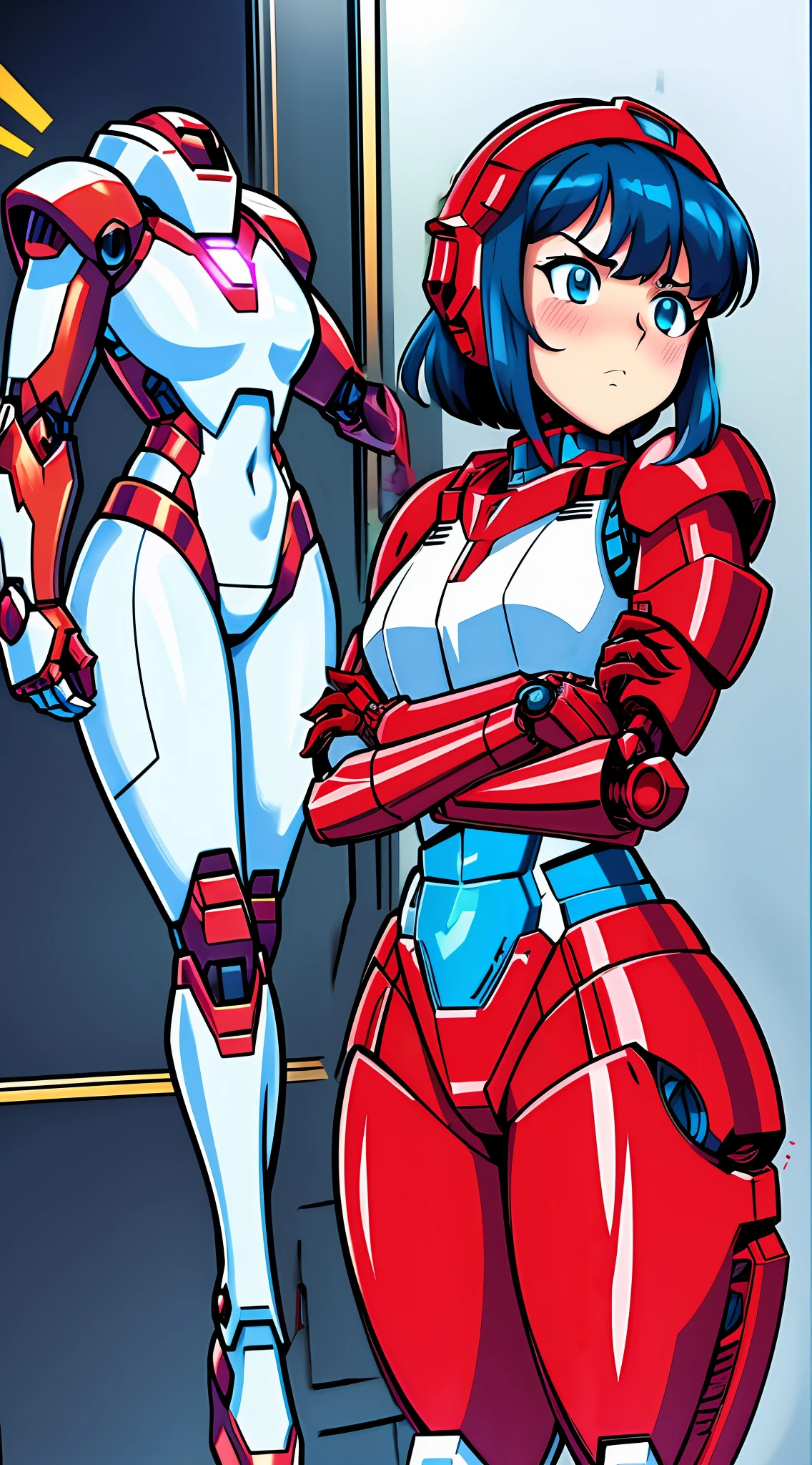 a close up of a cartoon of a woman in white and red armor, gainax anime style, fully robotic Armor catgirl, red and cyan, girl in mecha heavy cyber armor, red armor, cybersuits, nanogirl, krenz cushart and artgerm, worried+concerned expression looking at herself, looking behind, Black hair, heavy Enforcer Armor, thick Gundam Body armor, Encased in heavy armor, looking towards the viewer, extremely heavy armor, encased in robust thick armor