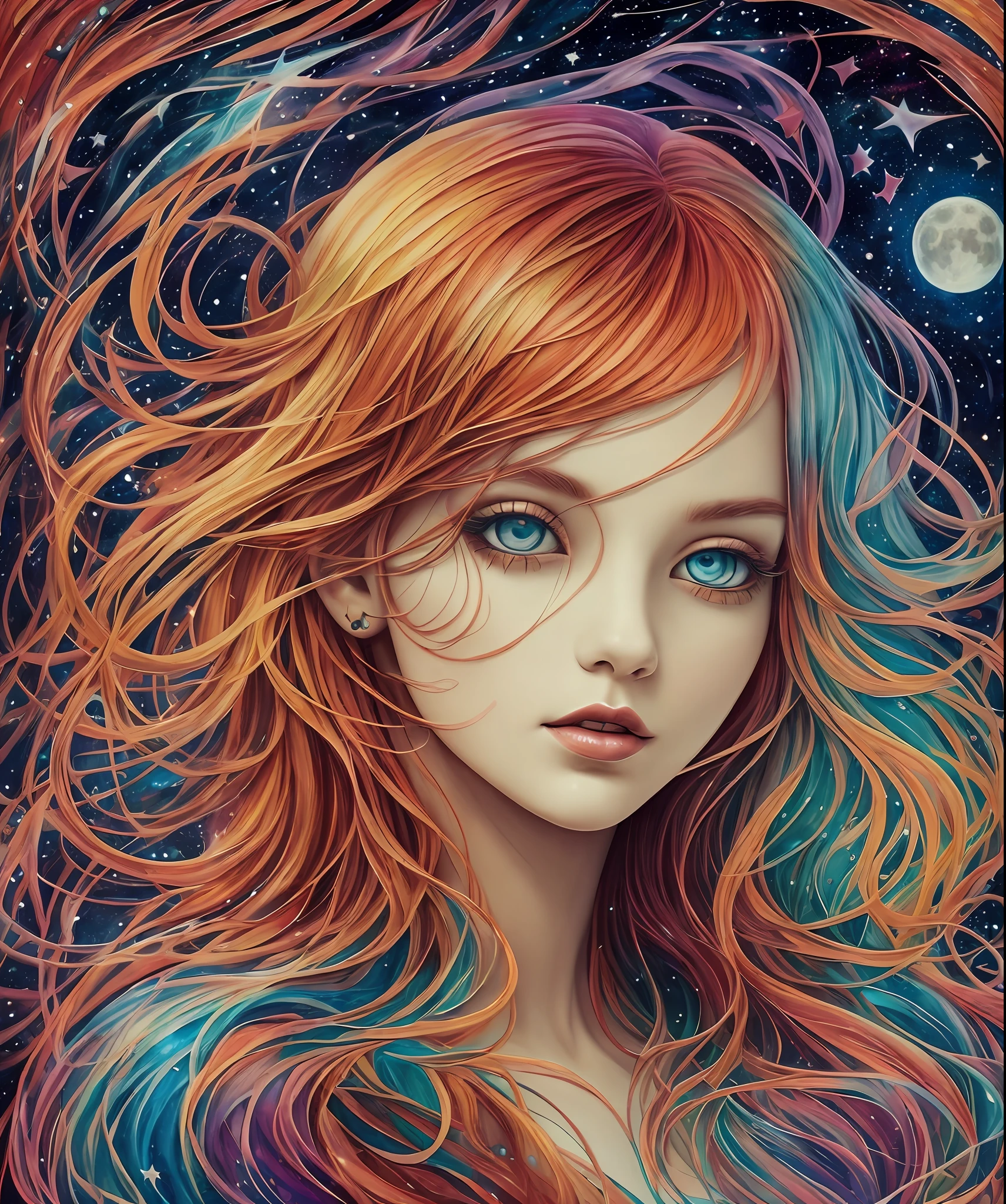 luminism, cinematic, best quality, 32k ultra highly detailed, tarot card, perfect face, ginger hair. cute art by Victoria Francis, demon, vampire, splash, swirling colors, flat, 2d, gothic, closed big bats, watercolor, acrylic, fantasy, vibrant, masterpiece, filigree, intricated, moon, stars, swirling, melting, liquid, surreal, Art --auto --s2