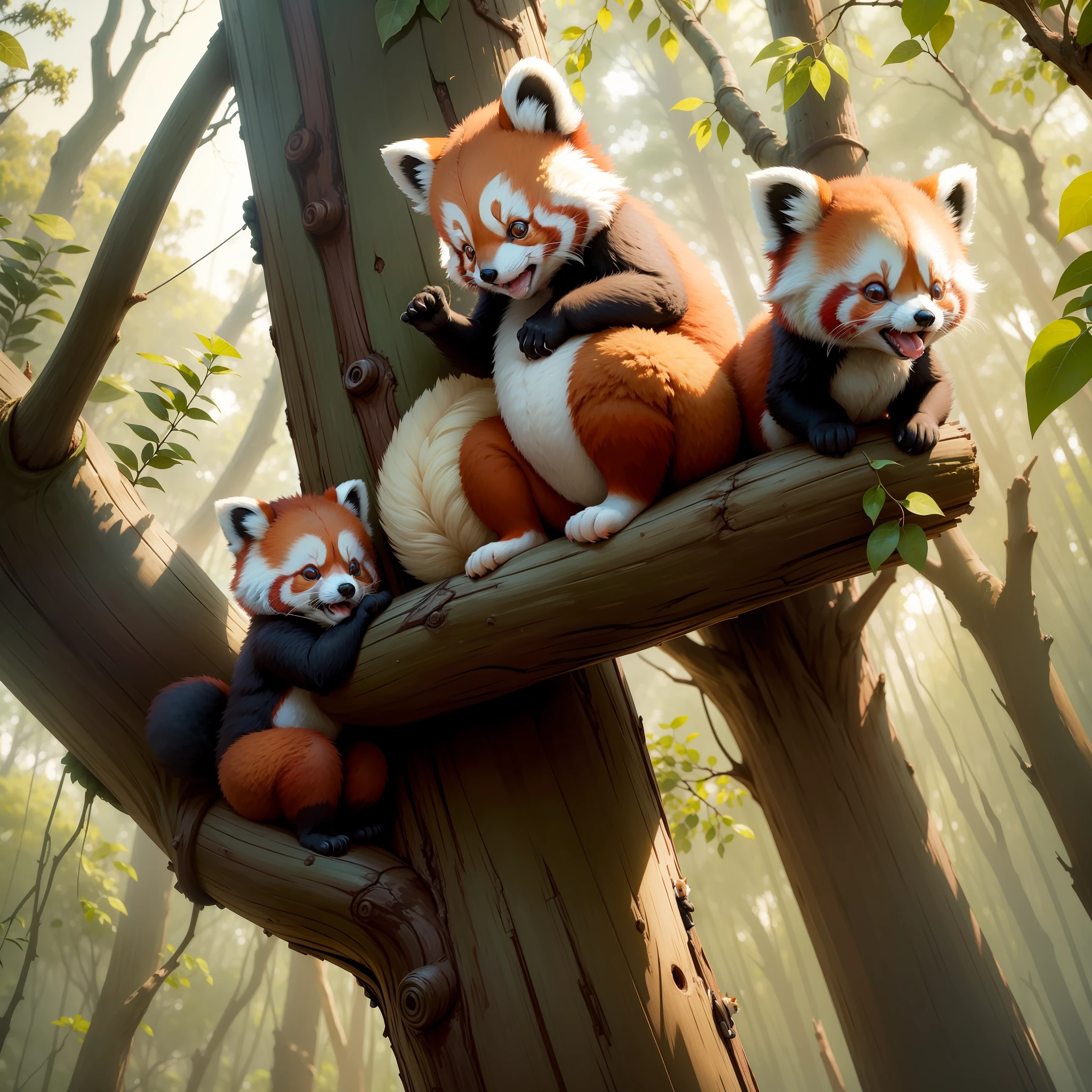 Cute red panda parent and 、Climbing a eucalyptus tree、Scene of eating leaves in harmony