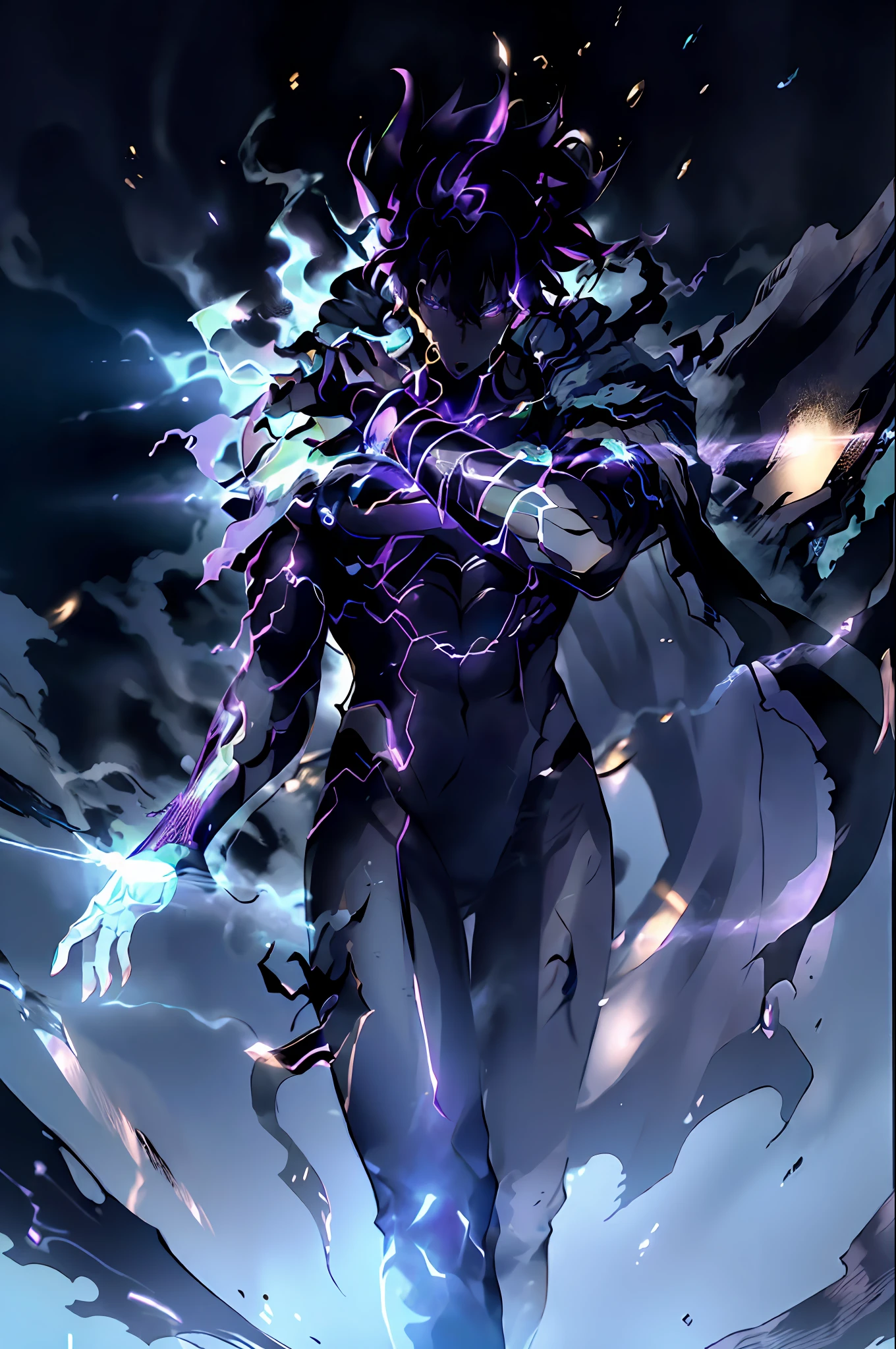 epic anime style, purple lightning, evil temperament, 20-year-old male shadow assassin, glowing black aura, shadow supervisor, handsome face, brilliant and majestic. Beautiful standard body and complete body structure. full body shot of a man with lightning in his hand, an epic anime about a purple energy man, in a battle stance with dark hair and glowing eyes looking at the viewer. Cool Gapmoe Yandere, menacing look, gintama's Hijikata Toushirou, inspired by Masanobu Okumura, the originator of the anime art style, Nobutaka Ike, the night war rages behind him. Highest image quality 8K, details everything 8K.