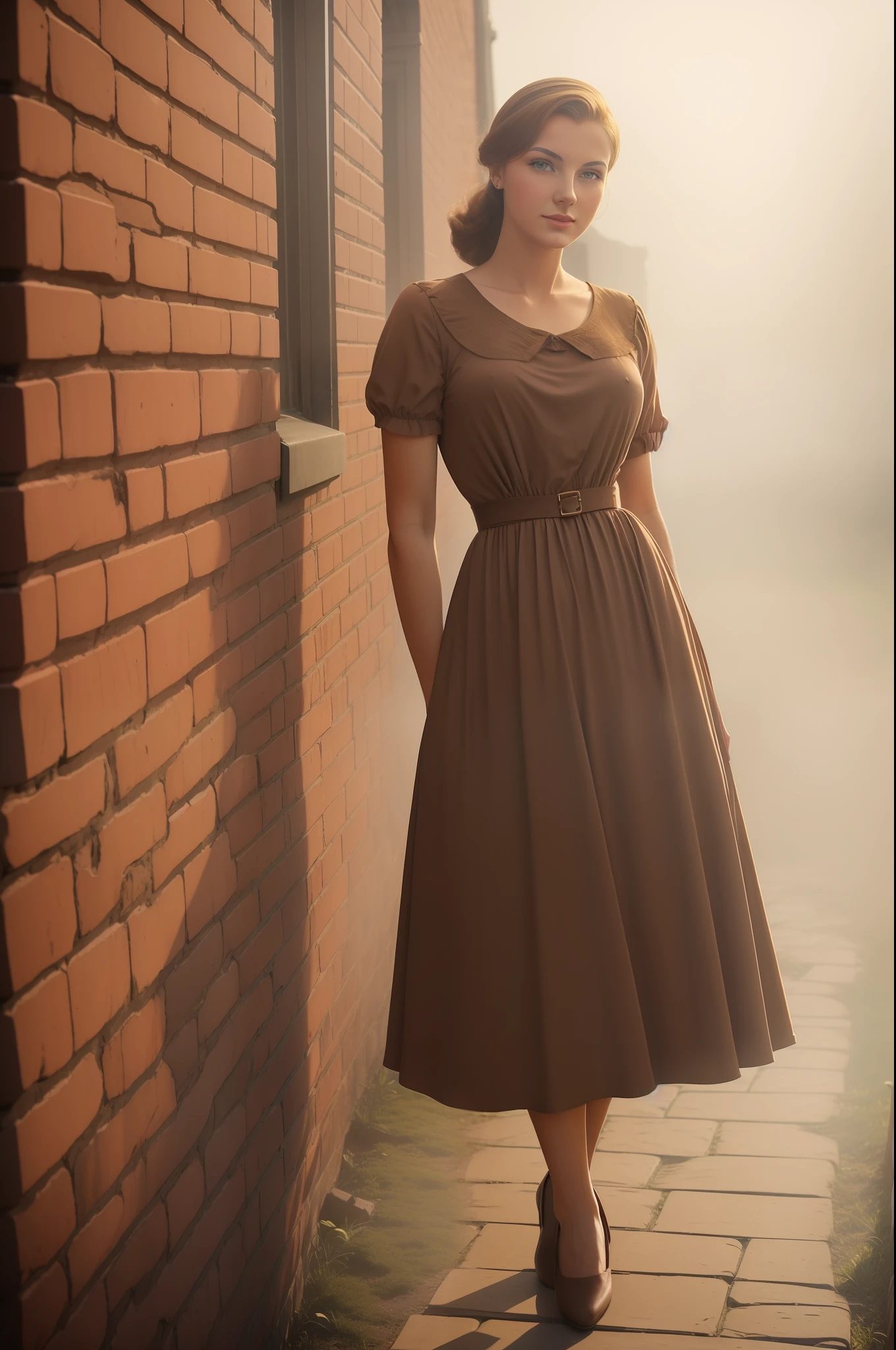 early morning, morning lights, misty morning, russian woman in light brown dress, 1950s, post-war era, brick wall,