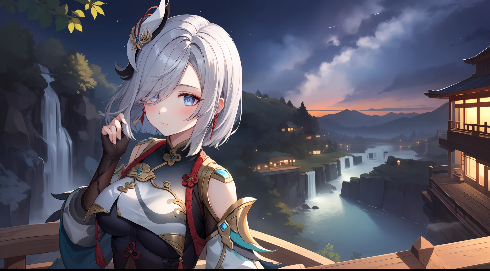 shenhedef, upper body, serious expression, blush, outdoors, night, liyue house background, night starry sky, short hair, sky, beautiful nature surrounding by waterfall, looking at viewer, mountain, moody lighting, (perfect detail eyes:1.2), glowing eyes
