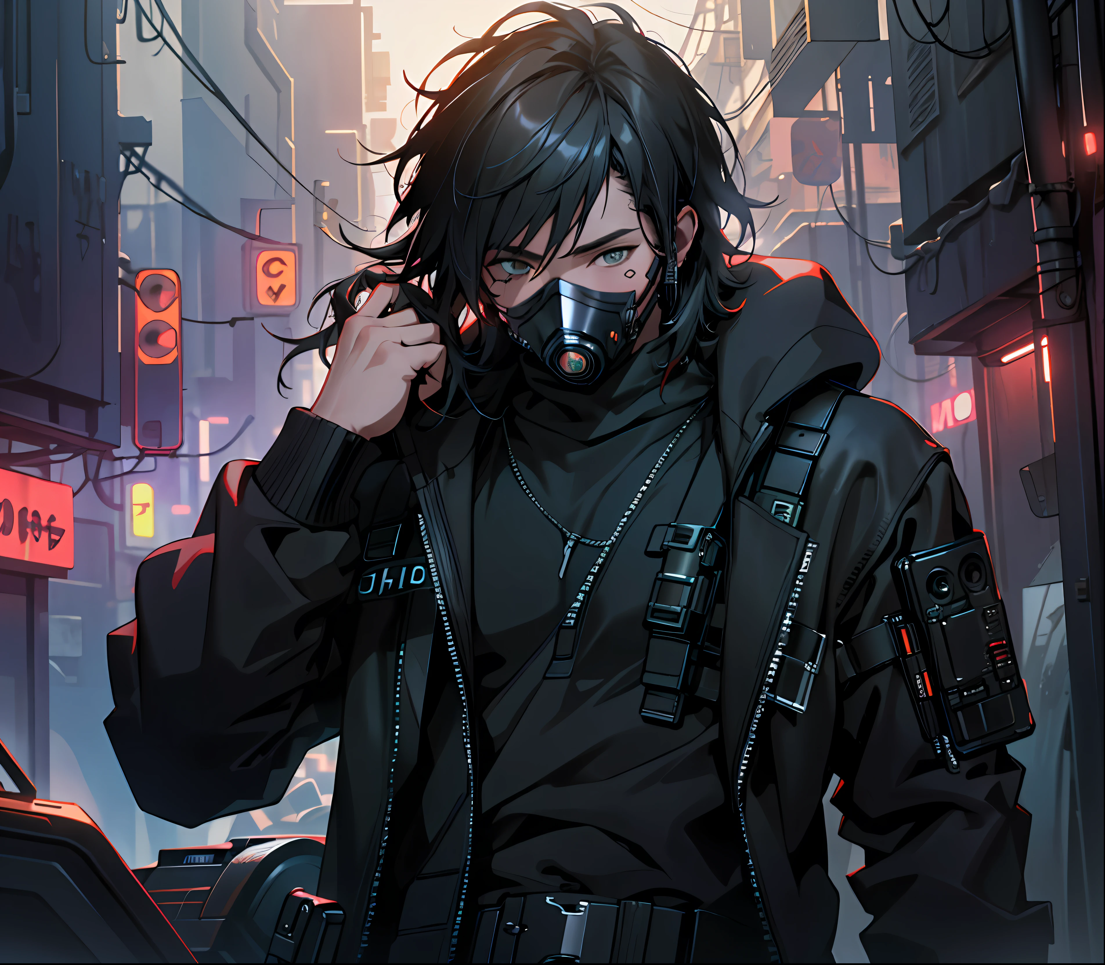 ultra detail, high resolution, ultra detailed, best quality, amazing, top quality, extremely detailed CG unity 8k wallpaper, cinematic lighting, cyberpunk, dark boy, trash gang facemask