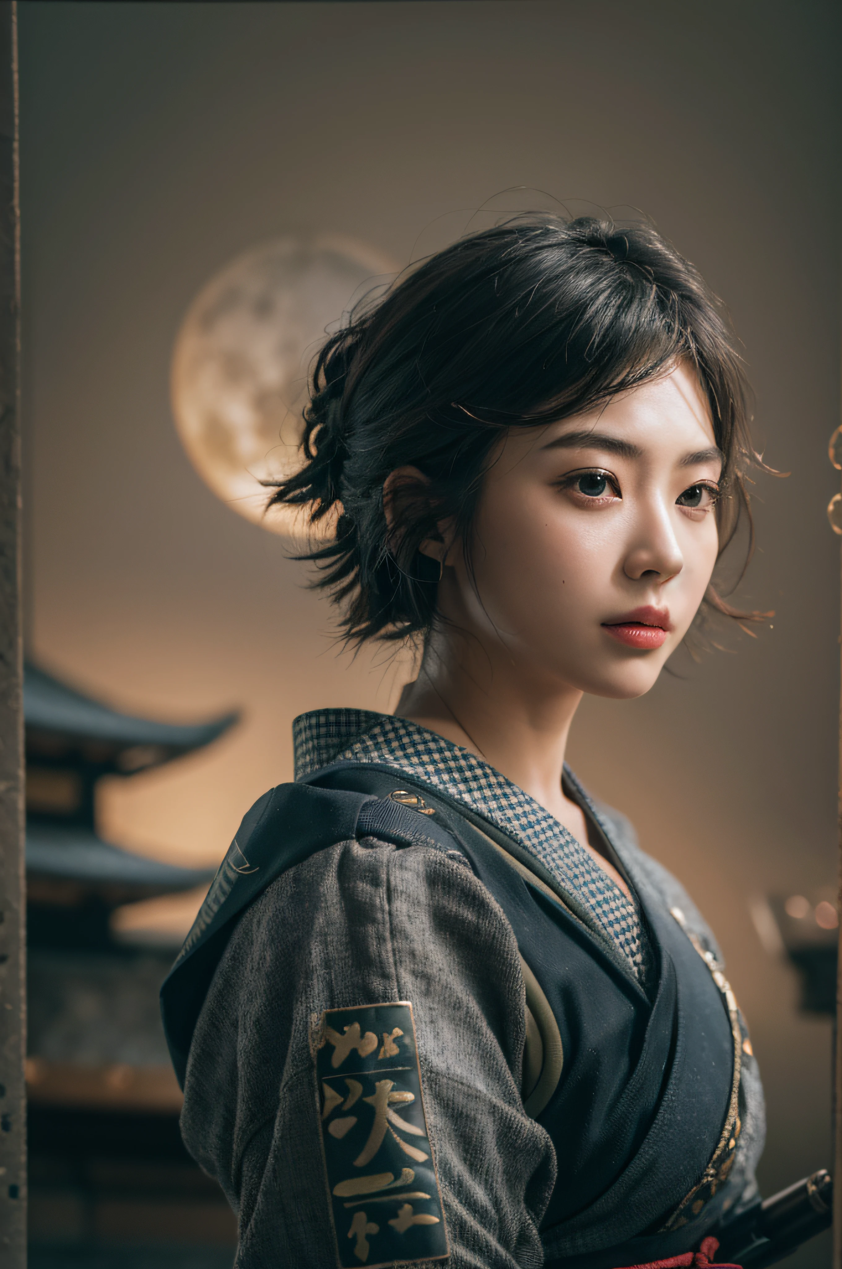 1woman, portrait, a beautiful girl wearing samurai helmet, short hair, looking at viewer, japan castle in front of full moon center in frame, Photorealistic, Hyperrealistic, Hyperdetailed, og style, hip cockdemure, low cut, detailed skin, matte skin, soft lighting, subsurface scatterirealistic, heavy shadow, masterpiece, best quality, ultra realistic, 8k, golden ratio, Intricate, High Detail, film photography, soft focus, blurry background,