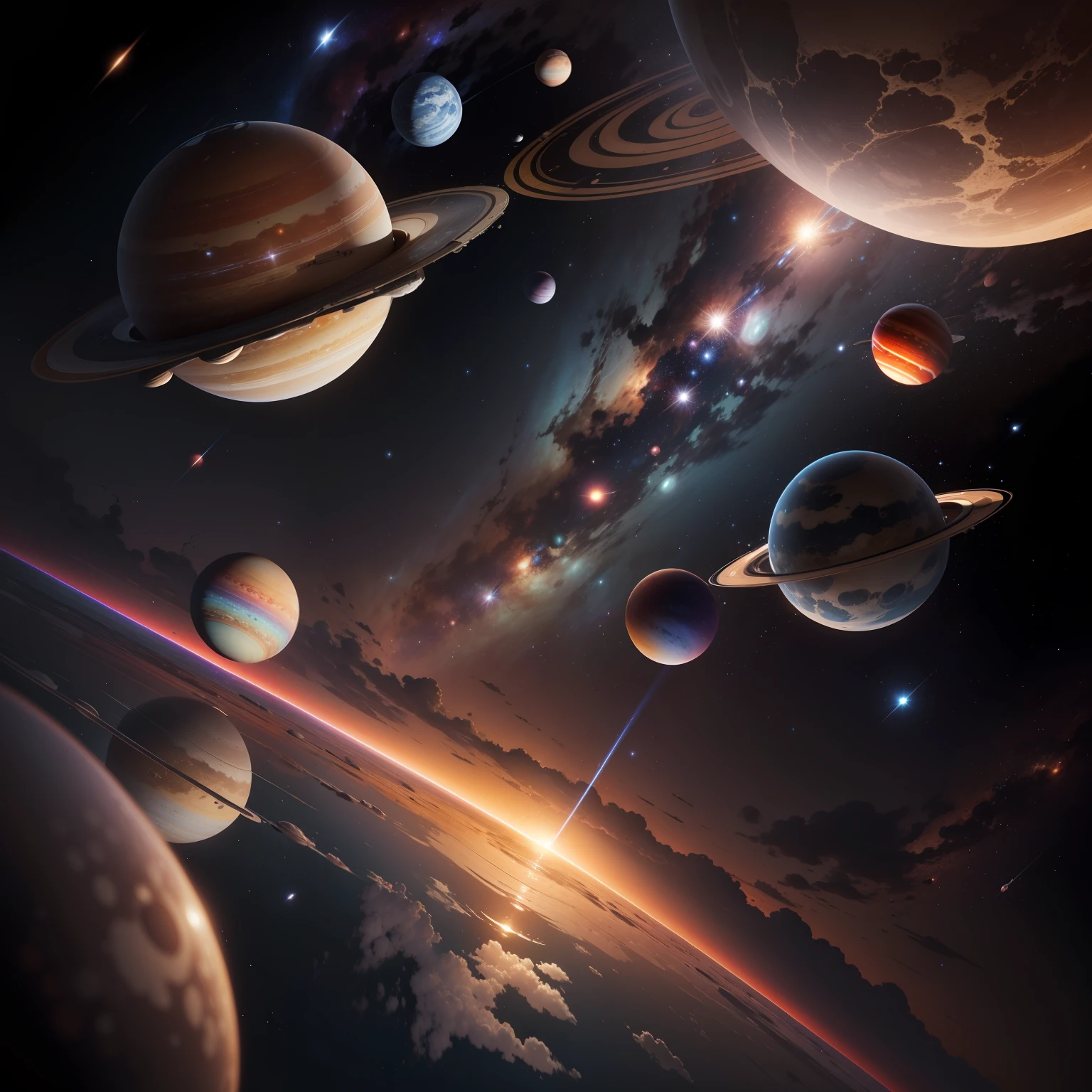 Universe with multiple planets, Multiple spacecraft, muitas estrelas e nebulosas, ultra detailed, ultra realistic, shader, reflection, ray tracing, 64k, UHD, HDR