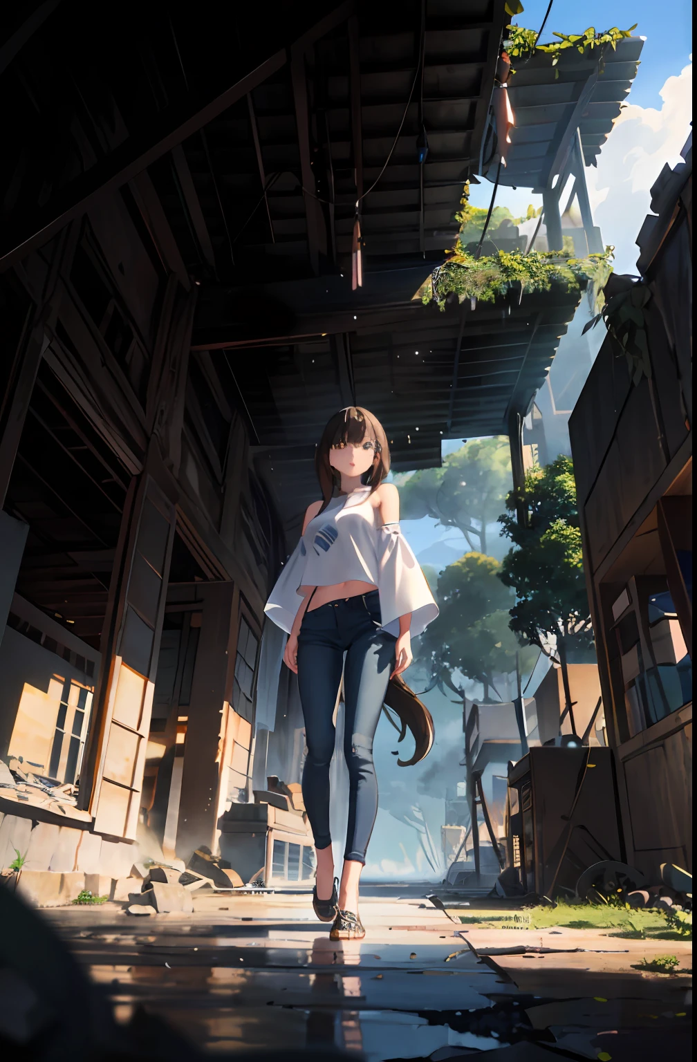 Vast landscape photos、A beautiful girl standing in the background of a ruined city、Jewel-like eyes、jeans pants、Adventure style、poneyTail、Brown hair、(motor bikes:1.2)、(Buildings eroded by nature:1.2)、rubble、Perished metropolis、naturey、ivy、Giant trees、the wind、(Watercolor style:1.2)、A scene from the BREAK story、intricate detailes、Volume Lighting BREAK (masterpiece:1.2)、(top-quality)、4k、ultra-detailliert、(The composition of the movement:1.4)、Highly detailed and colorful details(Irridescent color:1.2)、(glowing lighting、Atmospheric illumination)、sad、(独奏:1.2)