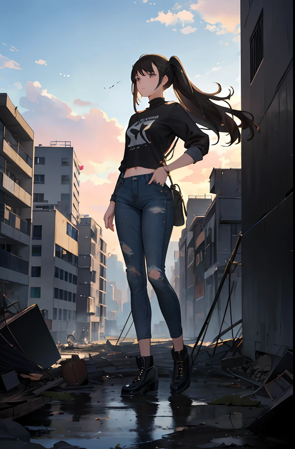 Vast landscape photos、A beautiful girl standing in the background of a ruined city、Jewel-like eyes、jeans pants、Adventure style、poneyTail、Brown hair、(motor bikes:1.2)、(Buildings eroded by nature:1.2)、rubble、Perished metropolis、naturey、ivy、Giant trees、the wind、(Watercolor style:1.2)、A scene from the BREAK story、intricate detailes、Volume Lighting BREAK (​masterpiece:1.2)、(top-quality)、4k、ultra-detailliert、（The composition of the movement：1.4）、Highly detailed and colorful details（Irridescent color：1.2）、（glowing lighting、Atmospheric illumination）、sad、（独奏：1.2）