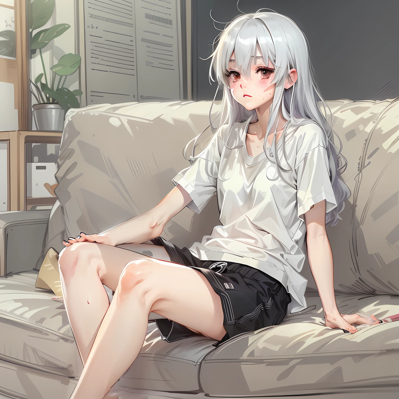 16-year-old teenage girl, thin, short height, big white shirt, black shorts, bare feet, sitting on sofa, long white hair and messy, Kozakura character in Urasekai anime, high quality masterpiece, languishing eyes, gray eyes