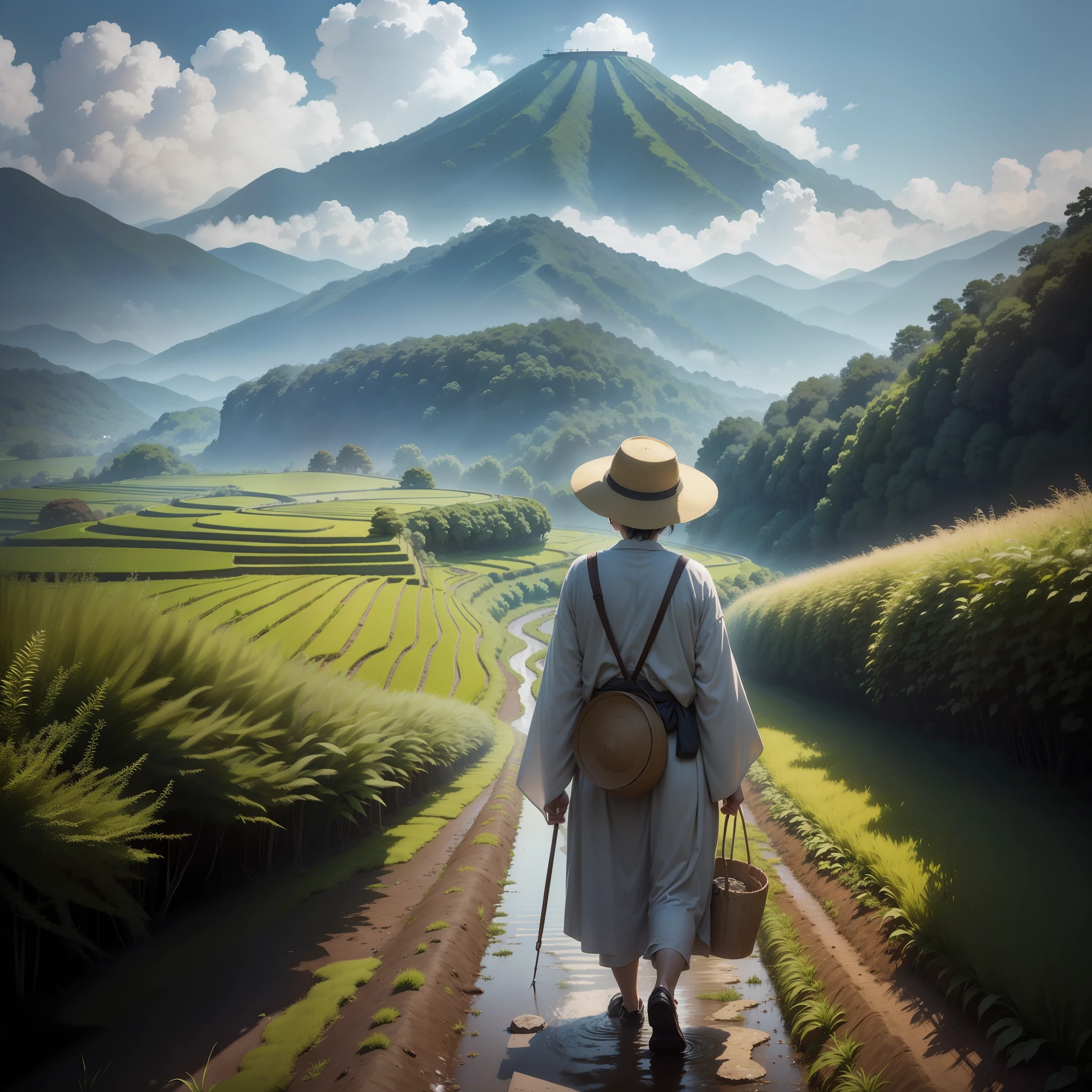 Poster design，Clouds，Mangsang，An old man walks in the damp mud with a basket on his back, japan rural travel, countryside in japan, japanesse farmer, ricefield, rural japan, Japanese countryside, japan deeper travel exploration, Rice seedlings in hand，large clouds、blue-sky、Rice fields，There are neat rice seedlings in the field，ln the forest，hillside，Quiet，high definition detail、hyper-detailing、cinematic ligh、ultra-realistic realism、Soft light、Deep field focus bokeh、Ray tracing and surrealism
