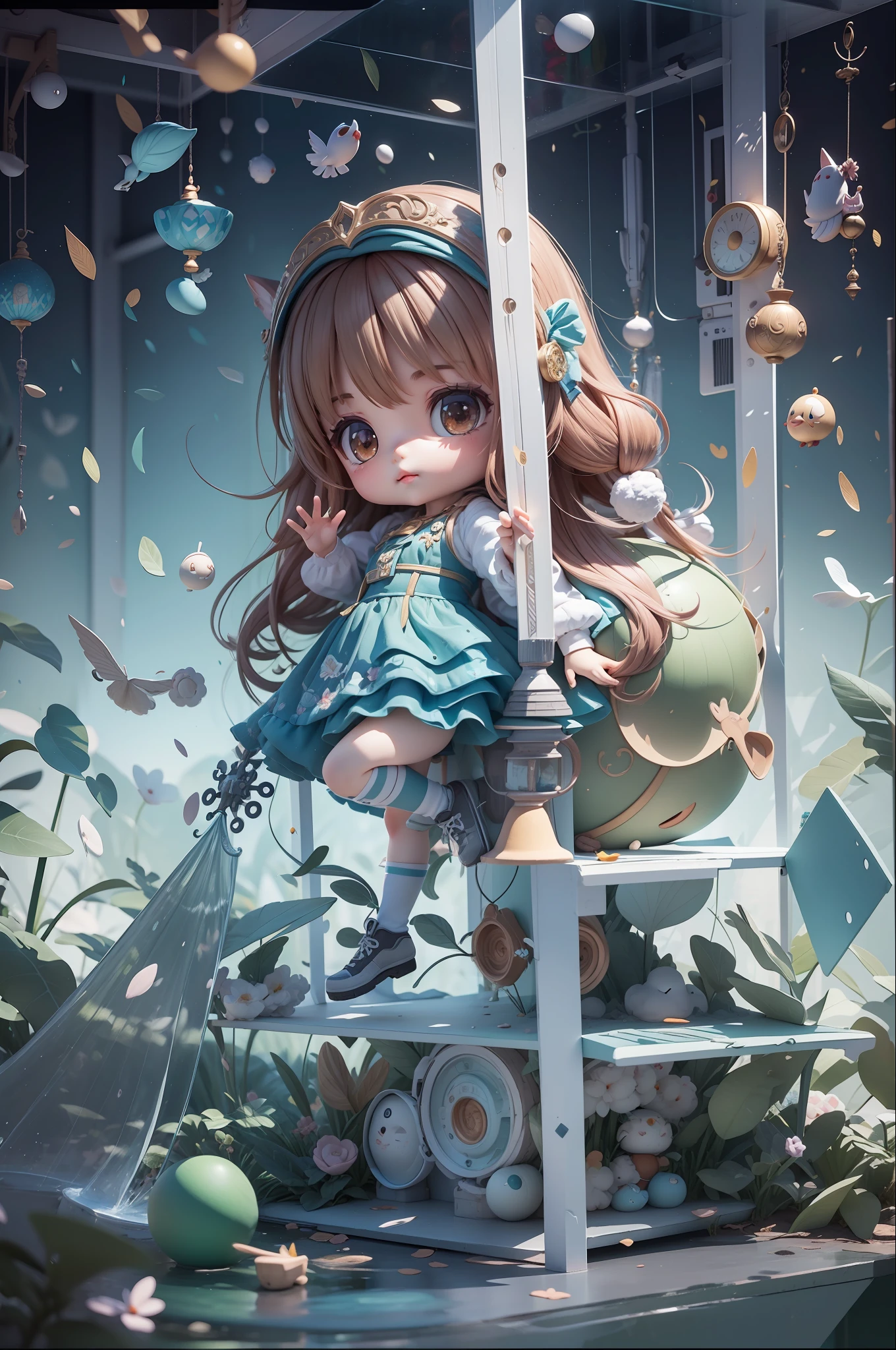 Masterpiece, best quality, super detail, (full body: 1.2), 1girl, chibi, 3d rendering, Q printmaking style, 8 k cartoon illustration, official artwork