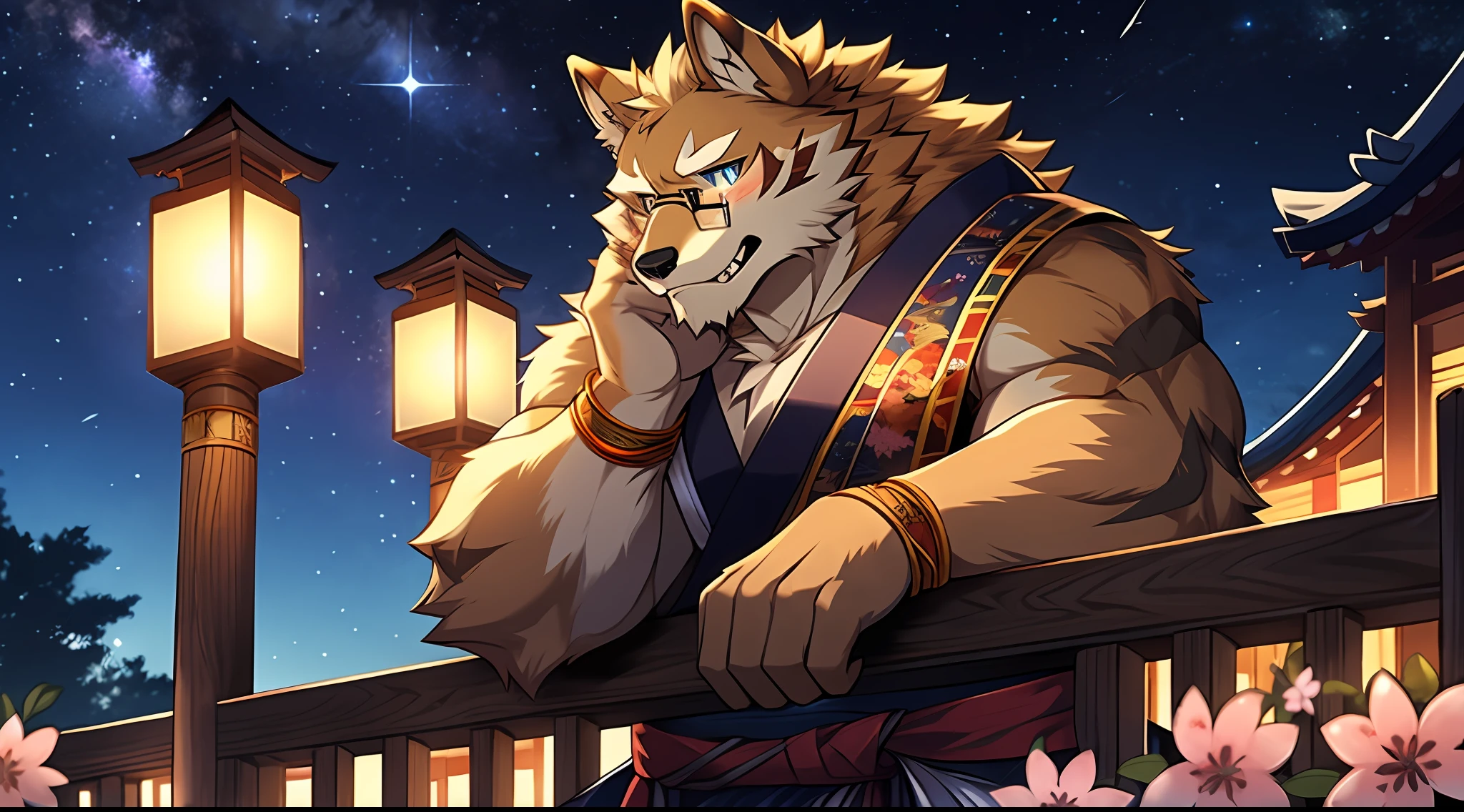 (A golden werewolf with golden fur and glasses stands on a city street under the stars at night:1.2),(male people),Azure pupils,Look at the river of stars in the distance,the corners of your mouth rise slightly,He wears blue ancient Japanese clothing,is an astrologer,He is very fond of astrology,Has a deep love for the stars,He has several dark red stripes on his cheeks,extremy detailed,detailedbackground,Extremely beautiful starry sky background extremely detailed,starrysky,由Null-Ghost:0.7 brought,Handsome,sbeard ,natta, Lanterns, Festive atmosphere, Outdoor activities, (depth of fields), Beautiful and beautiful,komono,white sash,Cherry blossom leaves,tmasterpiece,VerydetailedCG,(Wear glasses),Correct end-of-line structure,Leaning against the railing,correct hand,Extend your right hand forward,strong,white loincloth