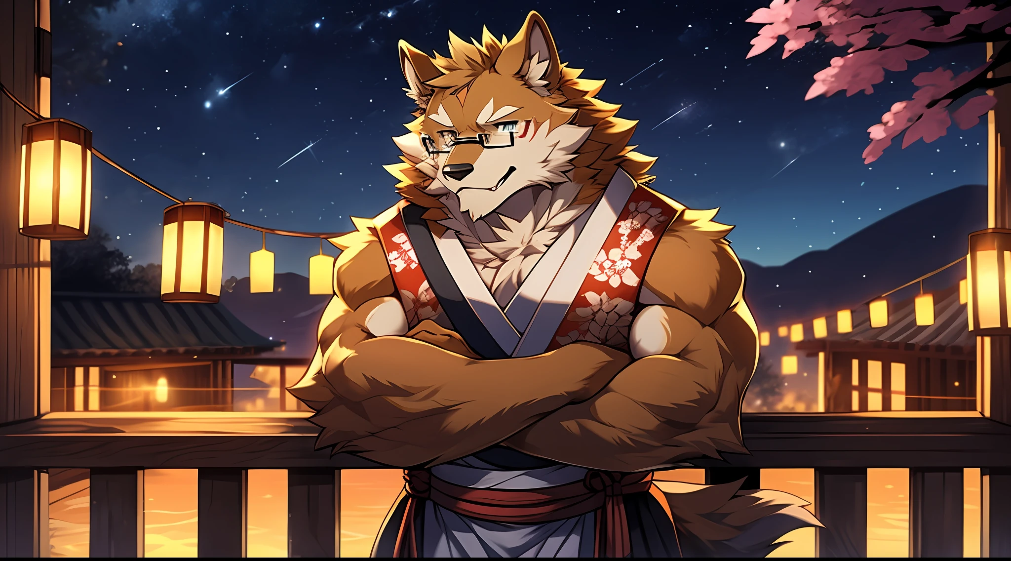 （A golden werewolf with golden fur and glasses stands on a city street under the stars at night：1.2），（male people），Azure pupils，Look at the river of stars in the distance，the corners of your mouth rise slightly，He wears blue ancient Japanese clothing，is an astrologer，He is very fond of astrology，Has a deep love for the stars，He has several dark red stripes on his cheeks，extremy detailed，detailedbackground，Extremely beautiful starry sky background extremely detailed，starrysky，由Null-Ghost:0.7 brought，Handsome，sbeard ，natta， Lanterns， Festive atmosphere， Outdoor activities， （depth of fields）， Beautiful and beautiful，komono，white sash，Cherry blossom leaves，tmasterpiece，VerydetailedCG，（Wear glasses），Correct end-of-line structure，Leaning against the railing，correct hand，Extend your right hand forward，strong，white loincloth