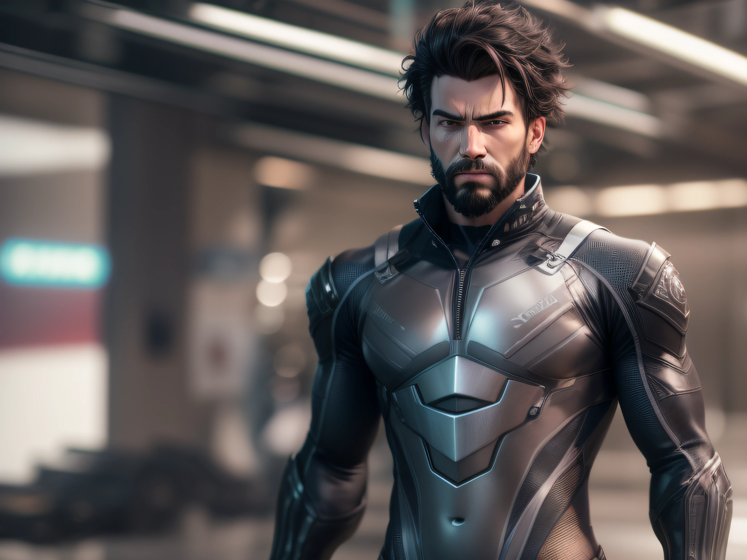 Um homem de cabelo loiro comprido de olhar imponente, menacing stare, trajando uma roupa masculina de latex, one-piece clothing, com um brilho no ombro esquerdo, ricamente detalhado, hiperrealista, 3d render, obra-prima, NVIDIA, RTX, ray-traced, bokeh,