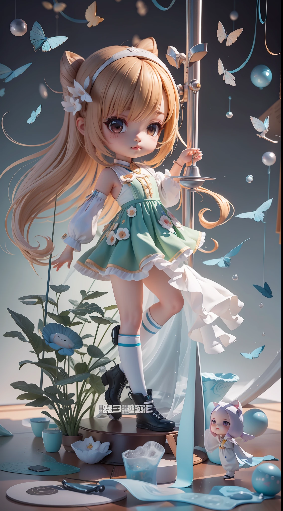 Masterpiece, best quality, super detail, (full body: 1.2), 1girl, chibi, 3d rendering, Q printmaking style, 8 k cartoon illustration, official artwork