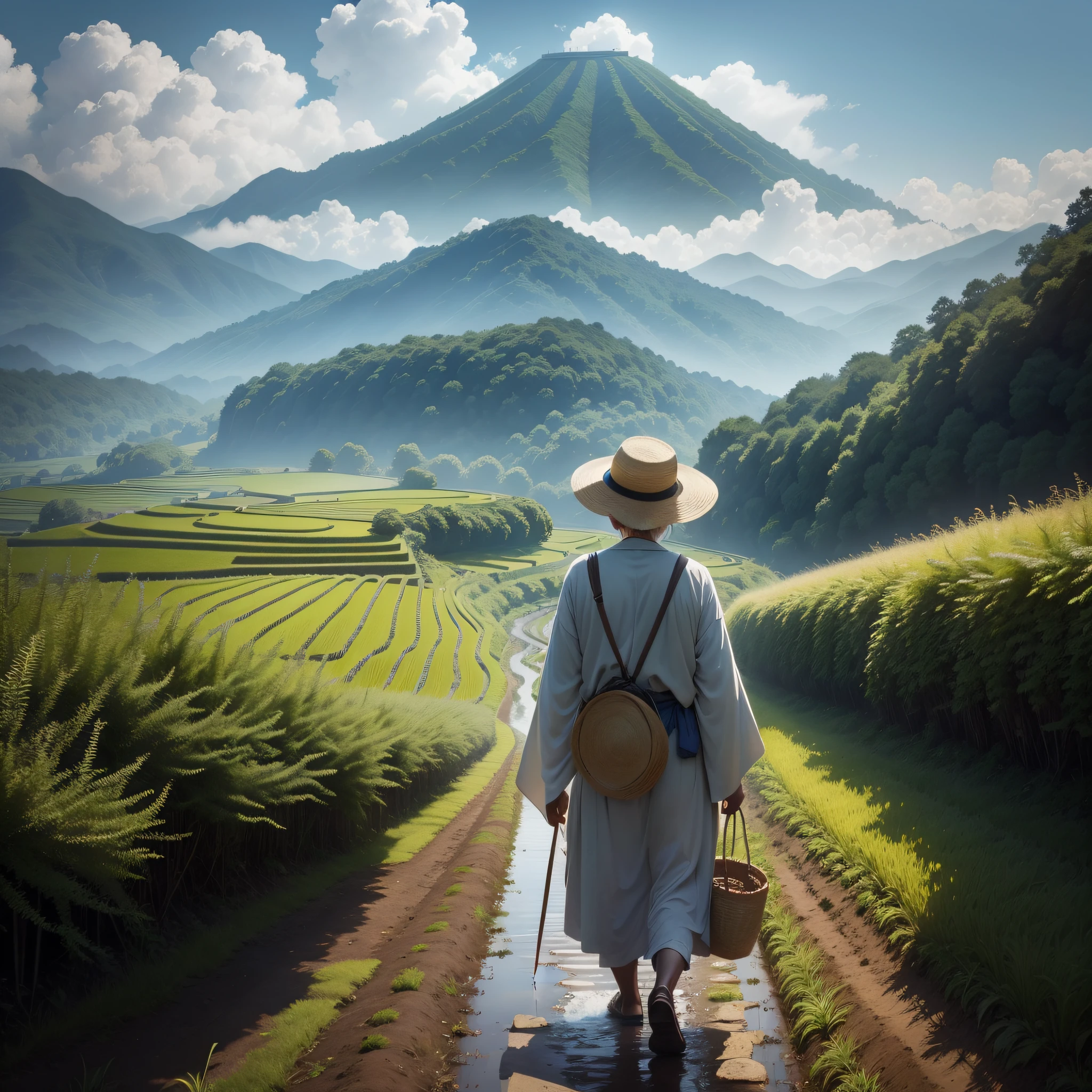 Poster design，Clouds，Mangsang，An old man walks in the damp mud with a basket on his back, japan rural travel, countryside in japan, japanesse farmer, ricefield, rural japan, Japanese countryside, japan deeper travel exploration, Rice seedlings in hand，large clouds、blue-sky、Rice fields，There are neat rice seedlings in the field，ln the forest，hillside，Quiet，high definition detail、hyper-detailing、cinematic ligh、ultra-realistic realism、Soft light、Deep field focus bokeh、Ray tracing and surrealism