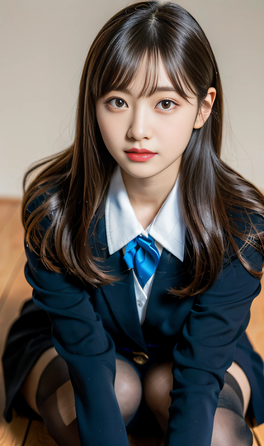 ulzzang-6500-v1.1, (raw photo:1.2), (photorealistic:1.4), beautiful detailed girl, very detailed eyes and face, beautiful detailed eyes, ridiculous, incredibly ridiculous, huge file size, super detailed, high resolution, very detailed, best quality, masterpiece, kemomimi, ((Japanese girls' high school uniform)), illustration, very detailed, CG, unified, 8k wallpaper, amazing, Fine details, masterpiece, best quality, very detailed CG uniform 8k wallpaper, light on face, cinematic lighting, 1girl, , ((no panties)), ((dynamic pose))), (camel toe), (half), (pantyhose), (knee-bending leg sitting))