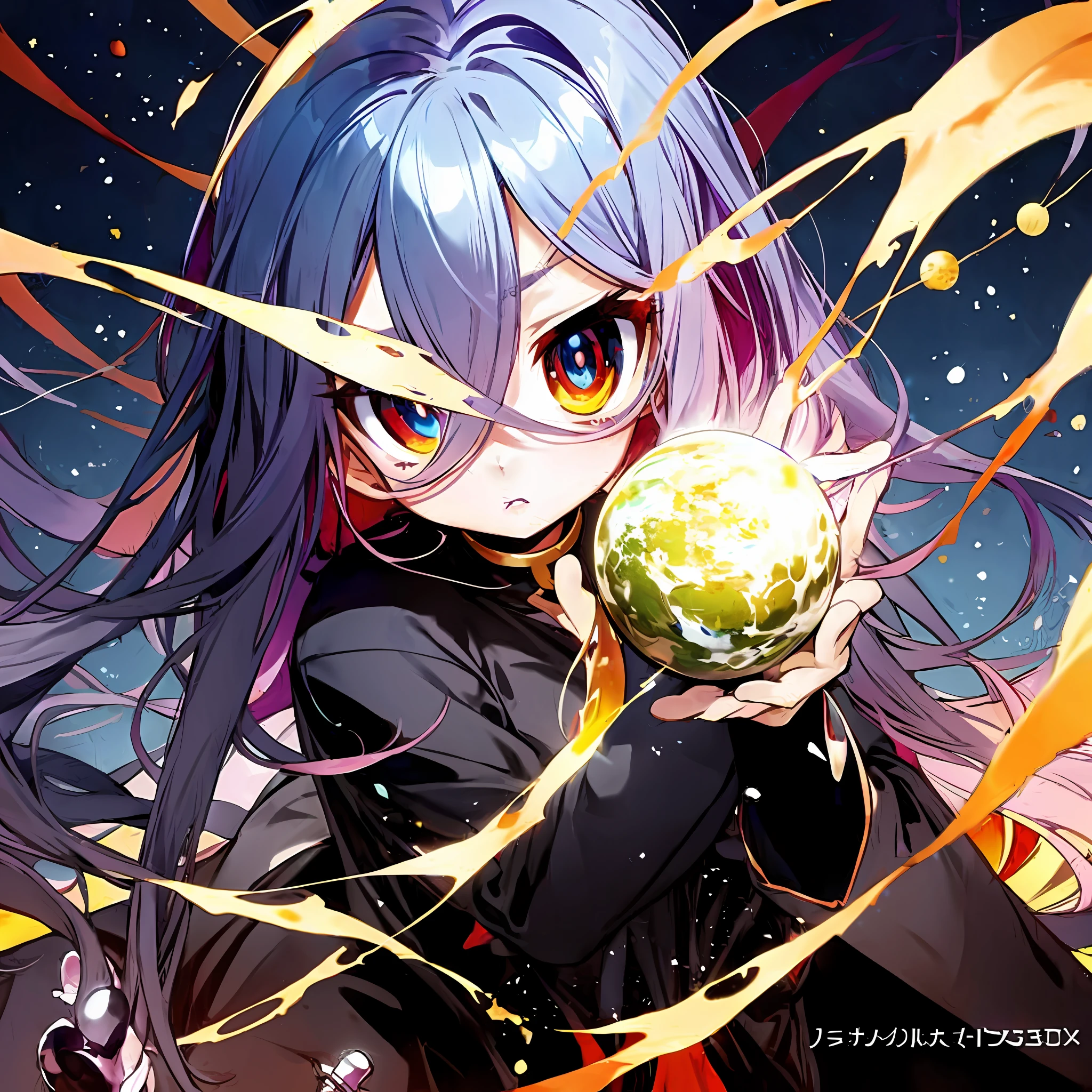 Anime girl holding a globe in her hand, in no game no life, a magical world, Illustrative!!, demon anime girl, alchemist girl, anime monster girl, Full Color Manga Cover, holding a planet, Anime!, Anime!!!!, with huge luminous sad eyes, anime styled」, (Anime Girl), Anime!!!, colored manga art, Anime!!!!!!!!!!!!!!!, animesque」(top-quality、8K、32K、​masterpiece、nffsw:1.2)、