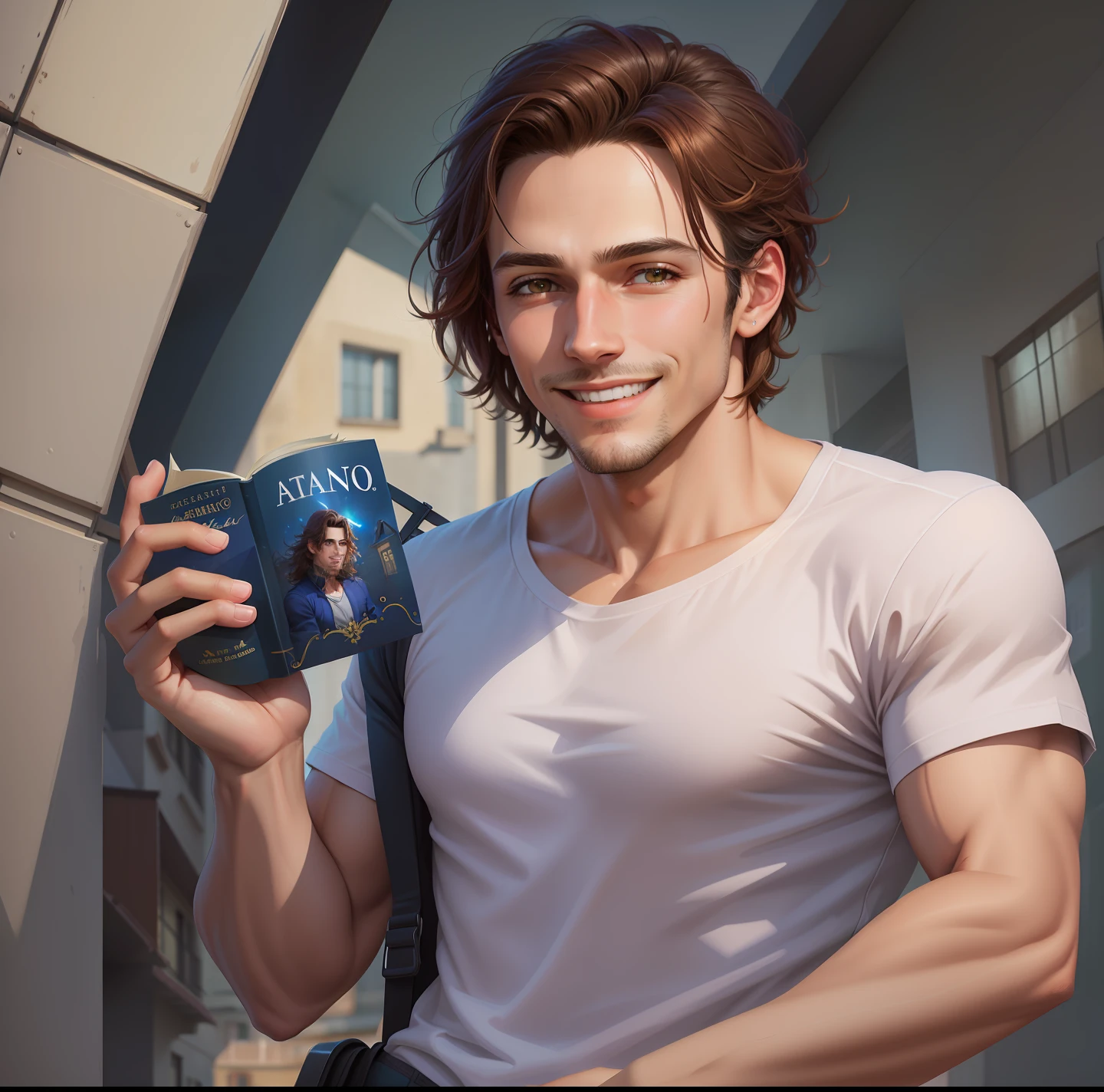 Backdrop a house and Man in fancy T-shirt holding a book and smiling in front of a building, retrato de alta qualidade, Art not Guweiz style, Commission for High Res, Estilo de arte realista, Estilo de arte fotorrealista, fotorrealista!!!!!!! Estilo de arte, fantasy art smug smile man, Foto retrato realista, retrato detalhado do caractere, Retrato anime de um homem bonito