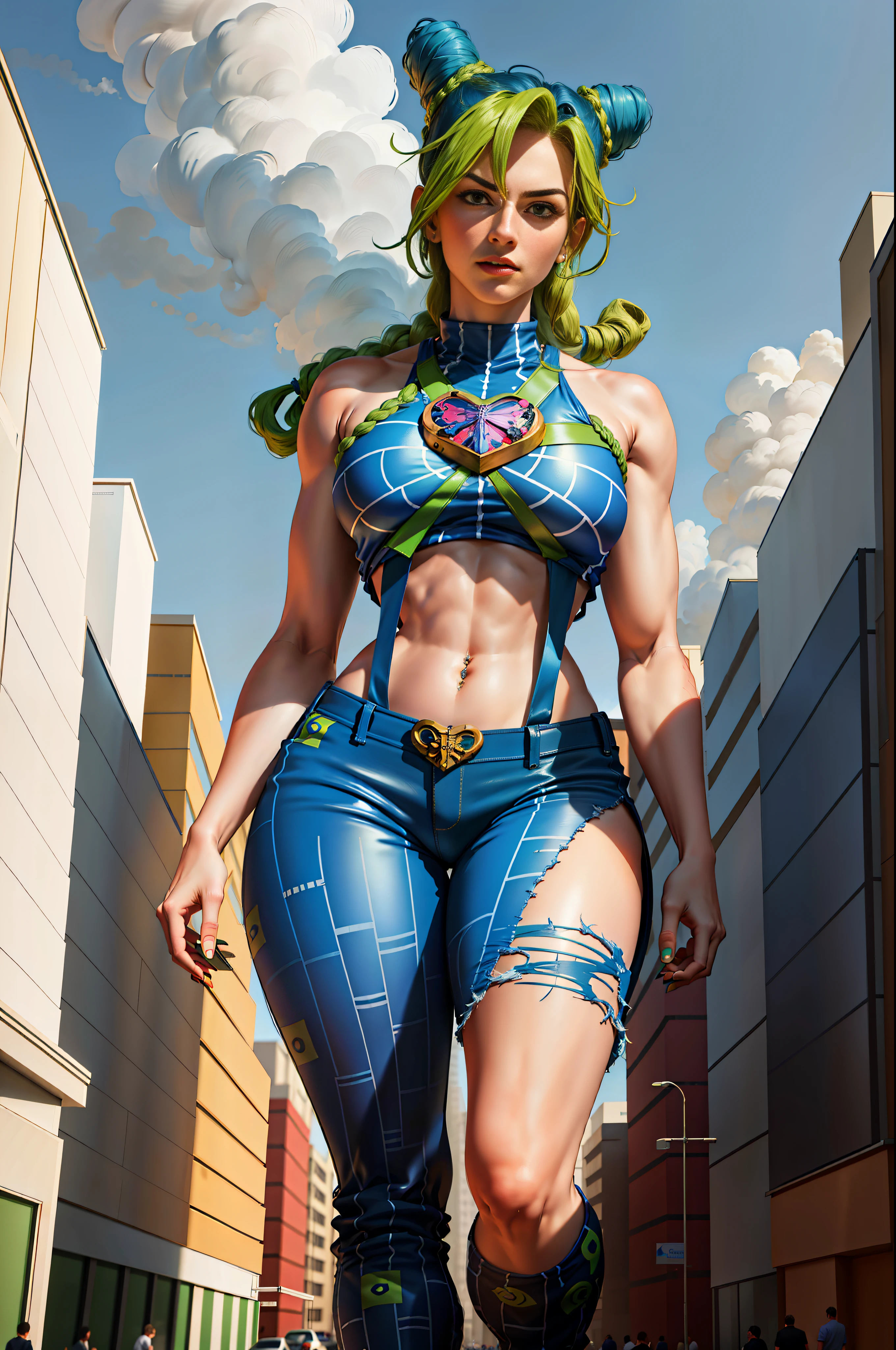 masterpiece, best quality, 1girl, solo, giant, giant, (((towering over you)))), (full body), 1girl, jolynejojo, half body, digital art, masterpiece, green and blue hair, cropped, sleeveless, wearing pants