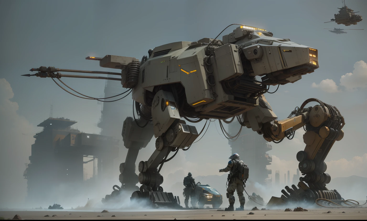 Big machine, Machinary, sci-fi mech, A mech shaped like a camel, mech robot futuristic, metal gear mech, mecha animal, mech robot, war robot, mech body, Mech suit, mecha hound, 3 d octane render conceptart, hard surface concept art, Full body mecha, military robot。mechbay, scaffolding, hangar, gantry, hoses, wiring, repair crew, welding,Huge robots，mechanicalparts，（（hyper realistic detailed））globalillumination，shadowing，rendering by octane，8K，Waste soil style，复杂，Decorations detailed，cool colours，egypician detail，highly intricate detail，Mechanical limbs，Connect to the tube，A mechanical vertebrae attached to the back，，Wires and cables connected to the legs，wojtek fus, Reference author：ruanjia, lan mcque, Inspired by Ian Mack, Simon Starlenhaag Highly detailed, author：Ian McQue, author：feng zhu, sergey kolesov concept art, Simon Starlenhaag color scheme, by Raymond Han, author：Jeremy Chang,Giant Robot 10%Like a camel，90%sci-fy，There are a lot of sci-fi sections on it，Four robotic legs on the ground，Thick legs，battlemech