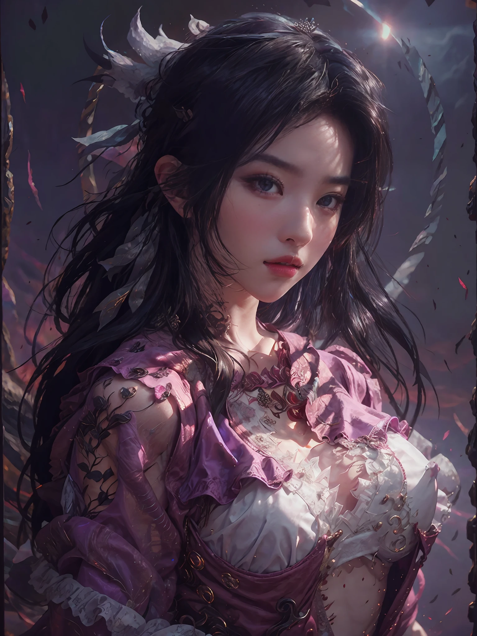 a close up of a woman in a red dress with long hair, beautiful alluring anime woman, a beautiful fantasy empress, inspired by Du Qiong, seductive tifa lockhart portrait, ((a beautiful fantasy empress)), seductive anime girl, beautiful anime woman, glamorous tifa lockheart, beautiful avatar pictures, mai shiranui, lady in pink armor, tifa, (lingerie:1.2), photo realistic, upon_body, tyndall effect, photorealistic, dark studio, rim lighting, two tone lighting, (high detailed skin:1.2), 8k uhd, dslr, soft lighting, high quality, volumetric lighting, candid, Photograph, high resolution, 4k, 8k, Bokeh, breast out, (nude:0.9), (purple eyes color), (transparent armor:1.0), big breast, --auto --s2