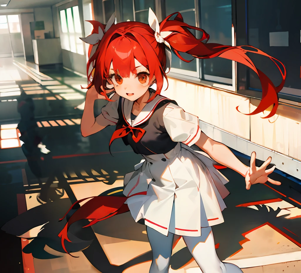 teens girl,A cute loli,enthusiasm,Wearing white stockings,Student clothing,dual horsetail,JK service,red tinted hair,light and shadow effect,Raised chest,White pantyhose