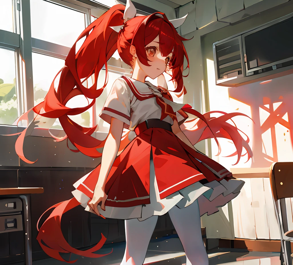 s girl,A cute lolihusiasm,Wearing white stockings,Student clothing,Long hair with double ponytail,JK service,red tinted hair,light and shadow effect,Raised chest,White pantyhose,Red long-haired