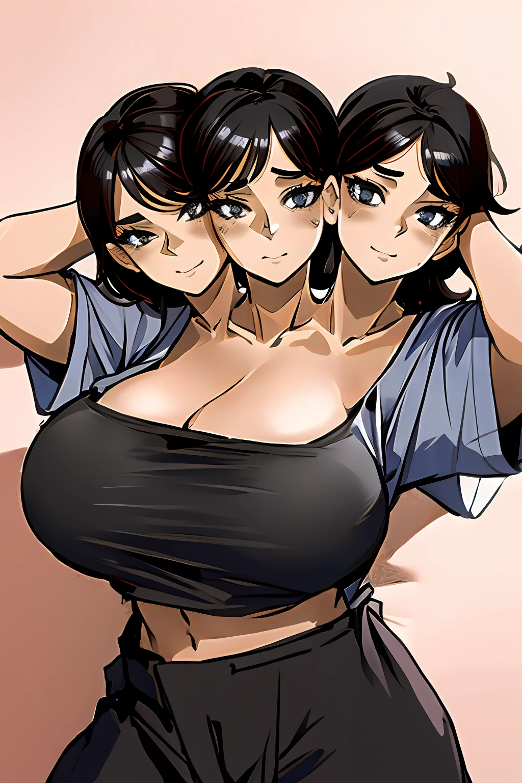 2heads, a short chubby woman with 2 heads. She has gigantic breasts. She looks mature. She is wearing a loose t-shirt and sweatpants. She is laying on a bed. Her breasts are massive. She is blushing. She looks seductive. She looks playful. She has gigantic breasts.