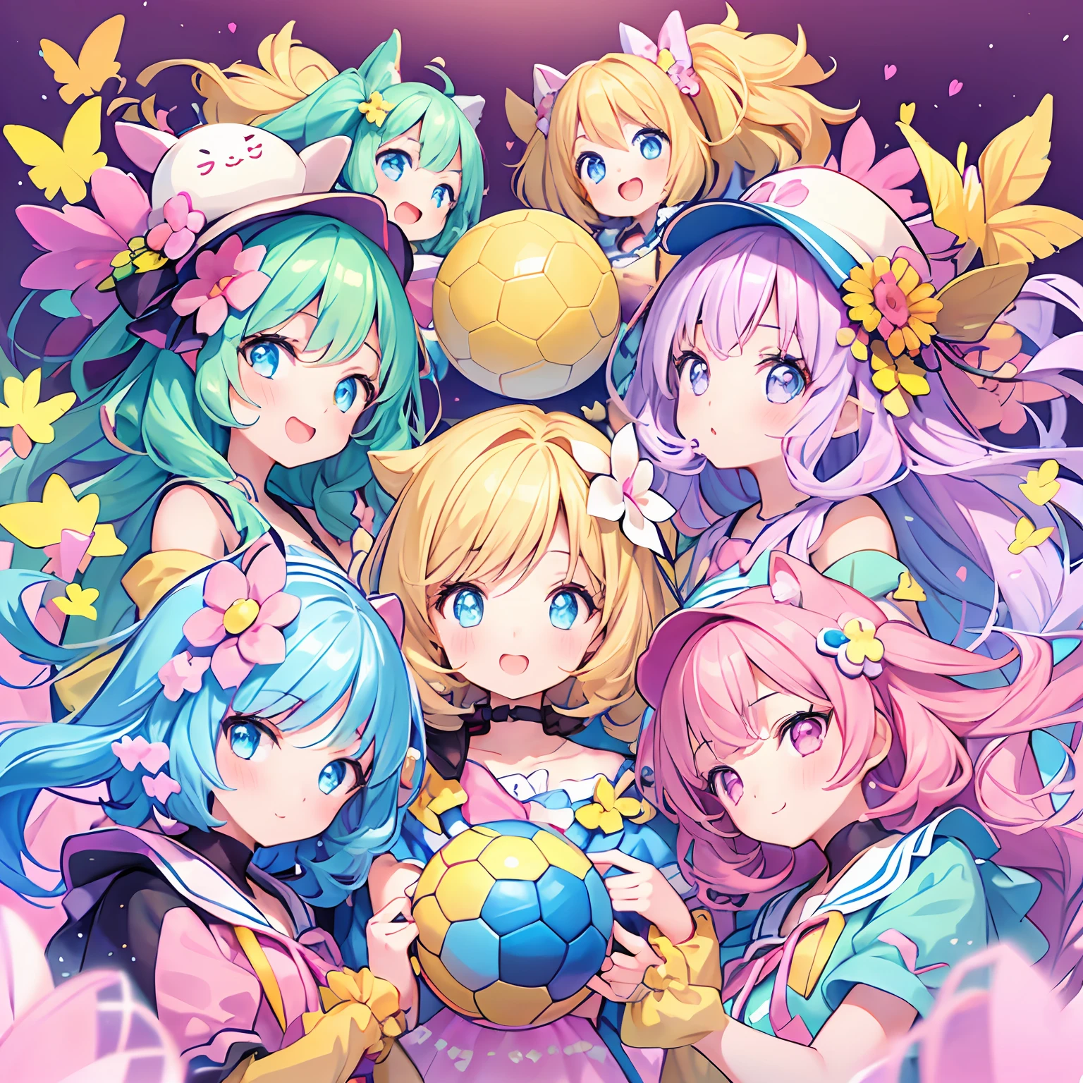 masterpiece, (2girls and 2girls and 2girls and 2girls playing soccer), idol, big eyes, kawaiitech, kawaii, cute, pastel colors, best quality, happy, deep background, symmetrical, tilted head, summer