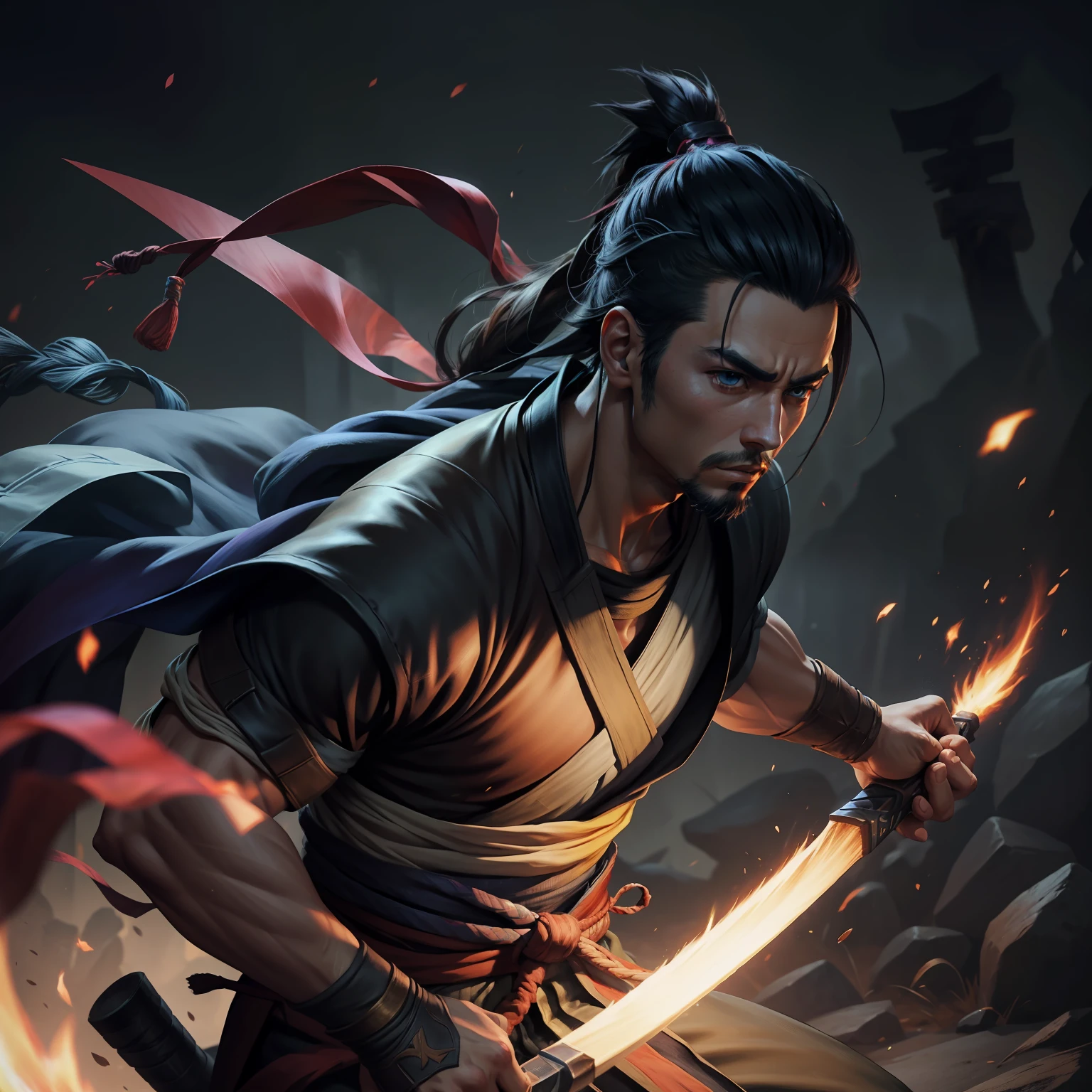 Yasuo, hiperdetalhado, fotorrealista, 4K分辨率, cores vibrantes, dinamic pose.