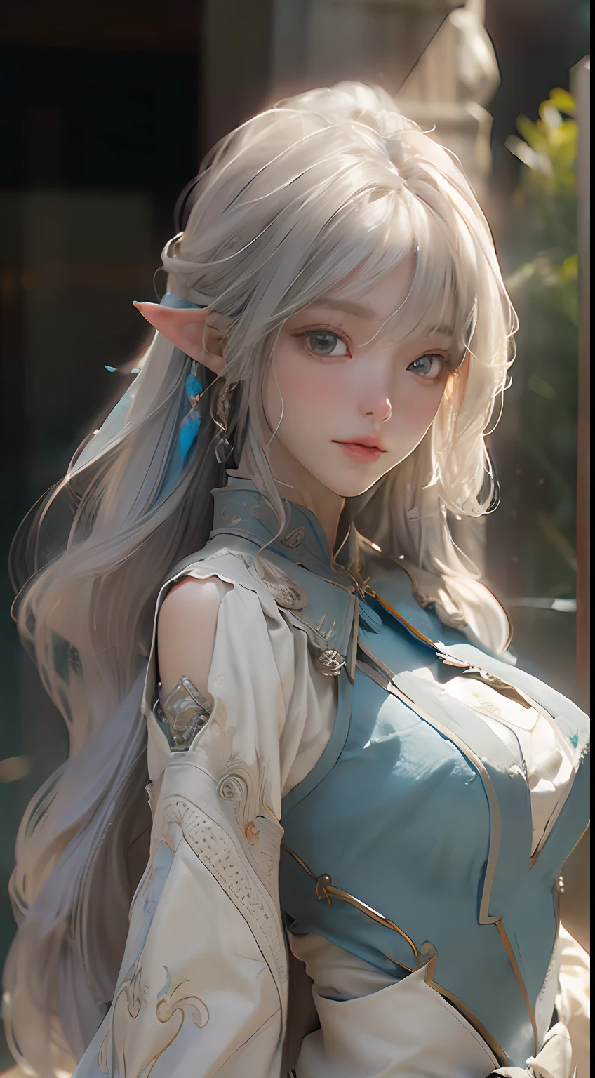 ((best qualtiy)), ((tmasterpiece)), (the detail:1.4), 3D, A beautiful female image of an elf,HDR（HighDynamicRange）,Ray traching,PBR Texture、post-proces、Anisotropy Filtering、depth of fields、maximum definition and sharpness、Many-Layer Textures、Albedo e mapas Speculares、Surface Coloring、Accurate simulation of light-material interactions、perfectly proportions、Octane Render、Two-colored light、largeaperture、Low ISO、White balance、the rule of thirds、8K RAW、