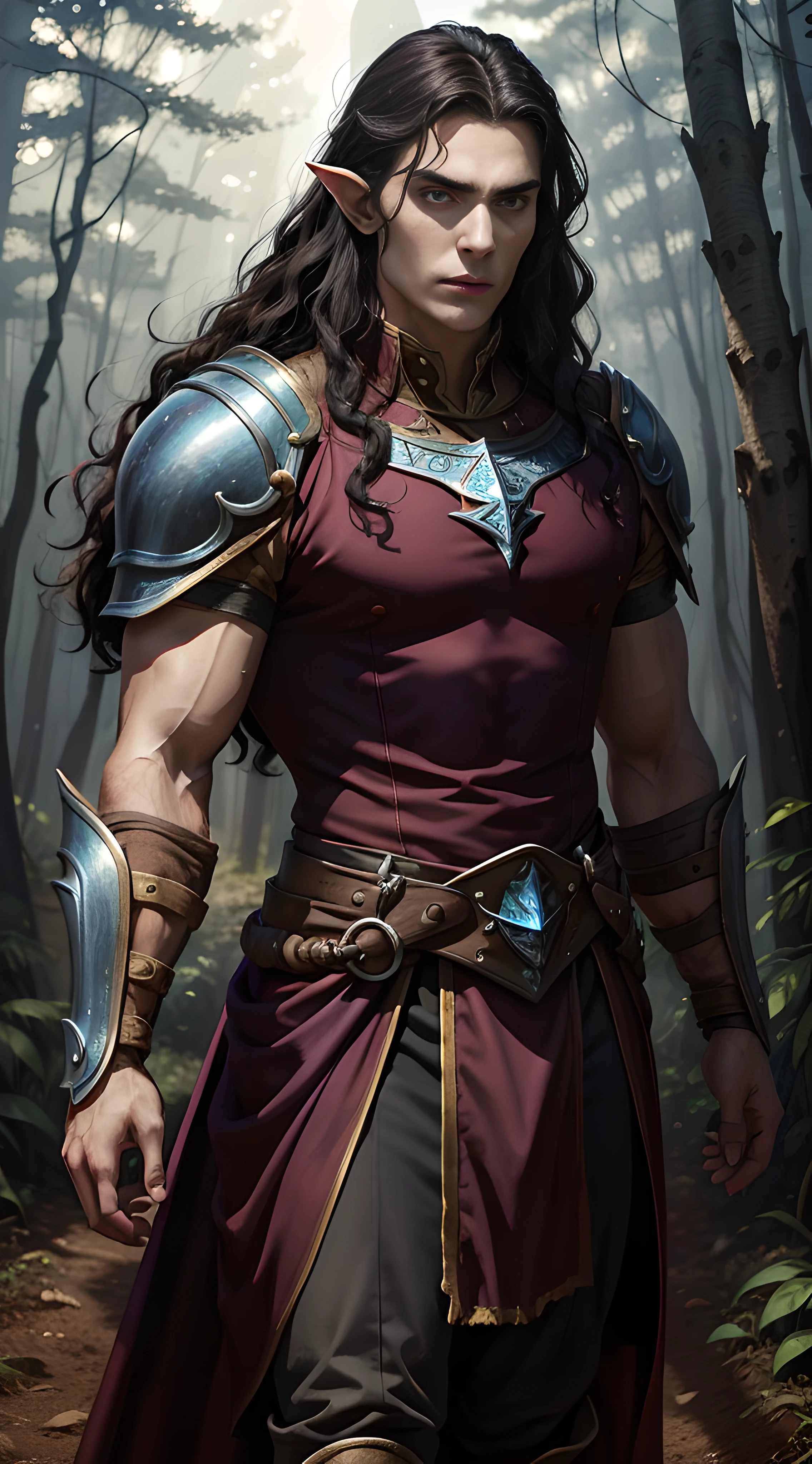 A young man, (((soil)))), (25 years old, vampire skin, strong brute body, tall, pointy ears, round face, square jaw, purple eyes, wavy long black hair, thick eyebrows), (he is a paladin, wears a costume of long fabric, of red and black colors, with shoulder pads and golden bracelets), he is walking in a forest looking away, blue sky, closeup, medieval fantasy