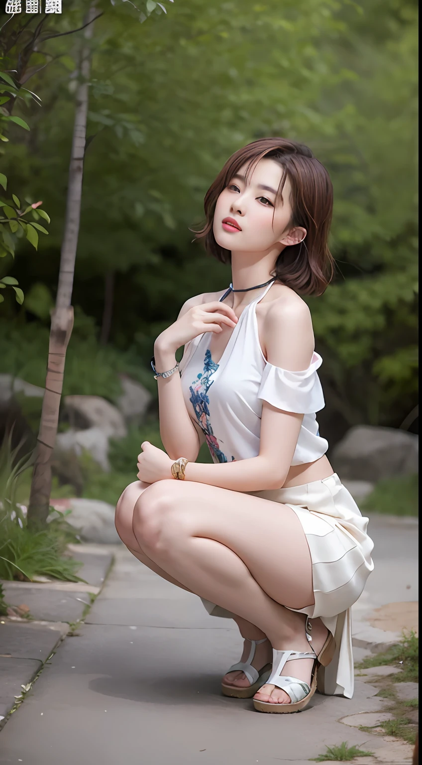 NSFW， 8K Raw photograph， best qualtiy， tmasterpiece， 超高分辨率， filmgrain， cinematic ligh， 1girll， looking at viewert， Natural skin texture， Realistic Eyes and Face Details， full pouty lips， lipsticks， （putting makeup on）， Red eyeshadow， Short fluffy hair， messy  hair， ssmile， Keep one's mouth shut， beautifullegs， Tall women， being thin， Slim_Legs， 独奏， Brustwarzen， Pose with your hips facing you， Superskirt， hindquarters， Beautiful natural location， Location of flowers around， （detailedbackground） ， Show a little through the shirt， Footwear， vague background， bblurry， halter，， short- sleeved， The ribbon is around the neck， JK ribbon， brown  hair， bangle， Eau， By bangs， jewely， parted lip， cparted lips， From the side Side， Printed silk skirt， depth of fields，beachside，zona rural，