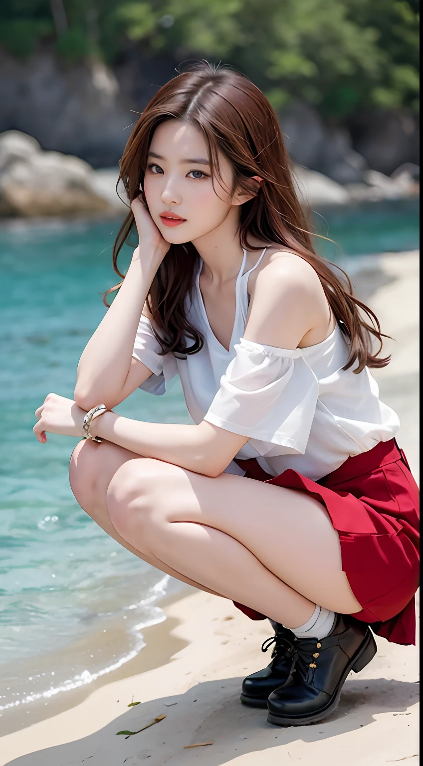 NSFW, 8K Raw photograph, best qualtiy, tmasterpiece, 超高分辨率, filmgrain, cinematic ligh, 1girll, looking at viewert, Natural skin texture, Realistic Eyes and Face Details, full pouty lips, lipsticks, (putting makeup on), Red eyeshadow, Short fluffy hair, messy hair, ssmile, Keep one's mouth shut, beautifullegs, Tall women, being thin, Slim_Legs, 独奏, Brustwarzen, Pose with your hips facing you, Superskirt, hindquarters, Beautiful natural location, Location of flowers around, (detailedbackground) , Show a little through the shirt, Footwear, vague background, bblurry, halter,, short- sleeved, The ribbon is around the neck, JK ribbon, brown hair, bangle, Eau, By bangs, jewely, parted lip, cparted lips, From the side Side, Printed silk skirt, depth of fields,beachside,zona rural,