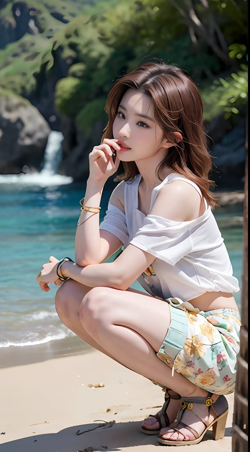 NSFW, 8K Raw photograph, best qualtiy, tmasterpiece, 超高分辨率, filmgrain, cinematic ligh, 1girll, looking at viewert, Natural skin texture, Realistic Eyes and Face Details, full pouty lips, lipsticks, (putting makeup on), Red eyeshadow, Short fluffy hair, messy hair, ssmile, Keep one's mouth shut, beautifullegs, Tall women, being thin, Slim_Legs, 独奏, Brustwarzen, Pose with your hips facing you, Superskirt, hindquarters, Beautiful natural location, Location of flowers around, (detailedbackground) , Show a little through the shirt, Footwear, vague background, bblurry, halter,, short- sleeved, The ribbon is around the neck, JK ribbon, brown hair, bangle, Eau, By bangs, jewely, parted lip, cparted lips, From the side Side, Printed silk skirt, depth of fields,beachside,zona rural,