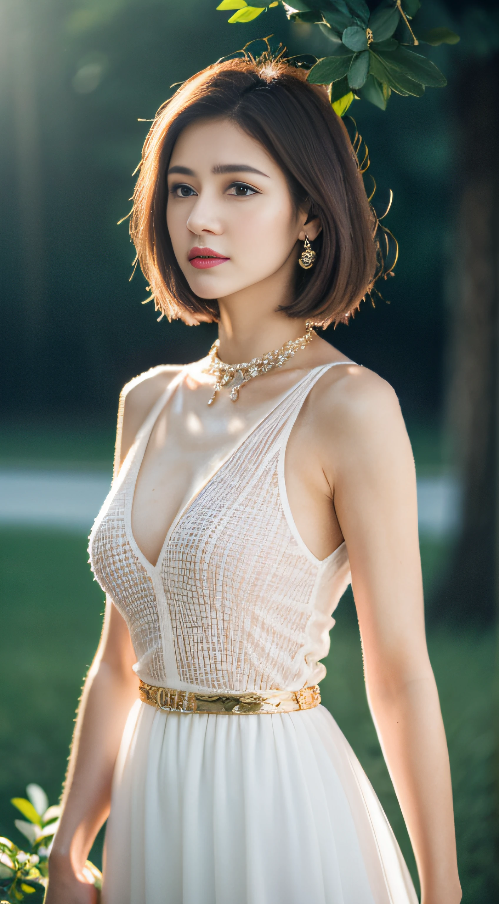((Realistic lighting, Masterpiece: 1.3)), (raw photo:1.2), Hyperrealist portrait gorgeous Beautiful mature woman, 35 years old, Beautiful breast, perfect body, ((white smooth skin: 1.6)), ((wearing luxury dress), (luxury jewelry)), beautiful lustful eyes, very detailed eyes and face, charming serious face, (heavy makeup: 1.5), (Standing Pose), chignon hairstyle, Best quality, 8K, professional photography, park background, full body