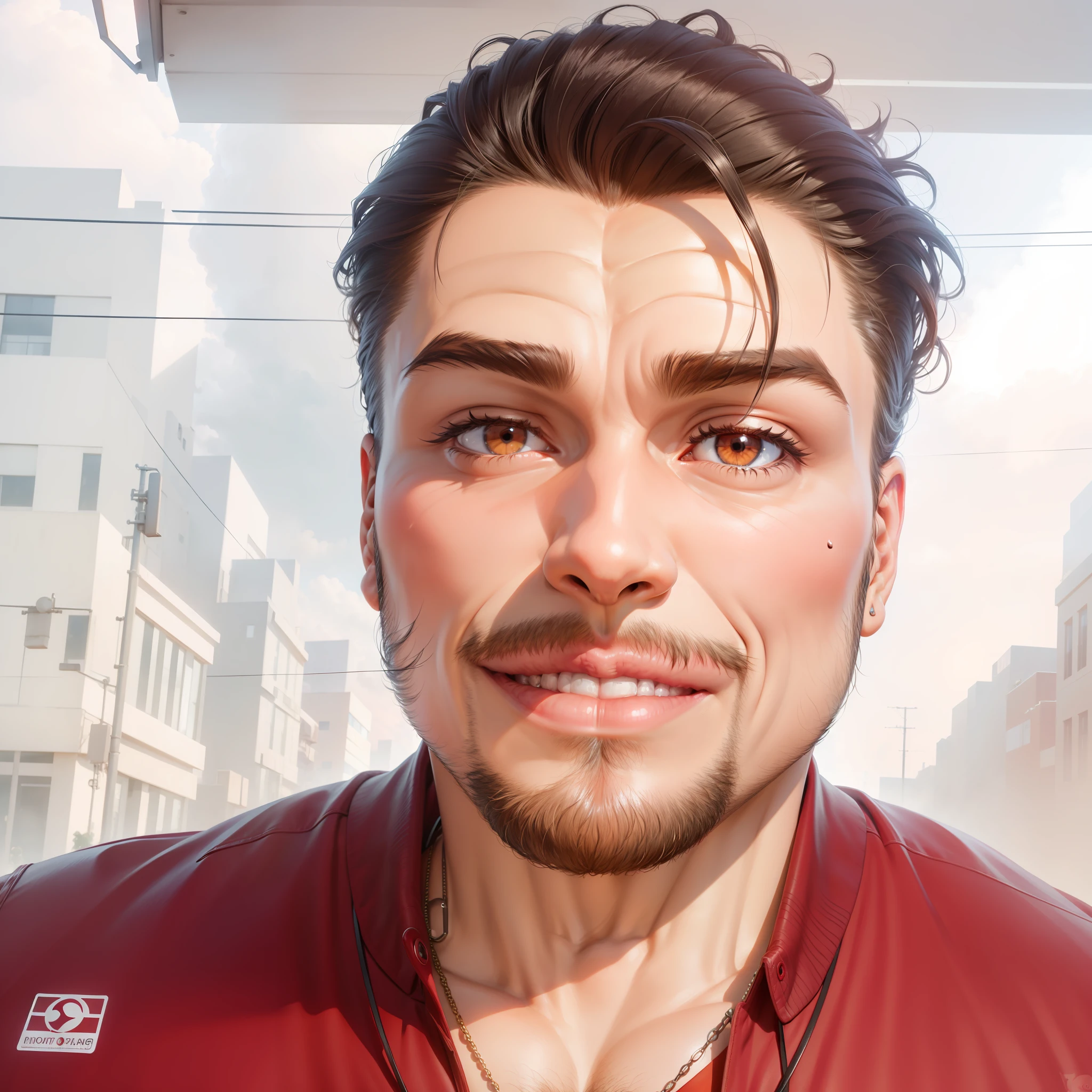 voluminous and messy hair,Affectionate eyes,Evil smile,Muscle men,outside,evening light,Buildings,intersection,Pedestrians,Red sky,jaket,Clouds,Locomotive wind,thick necklace,8K,eye glass