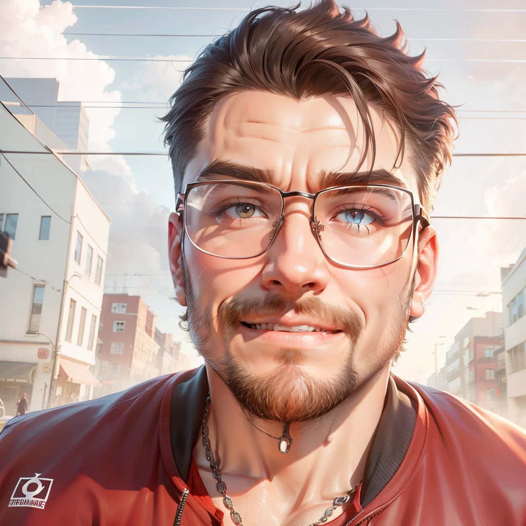 voluminous and messy hair，Affectionate eyes，Evil smile，Muscle men，outside，evening light，Buildings，intersection，Pedestrians，Red sky，jaket，Clouds，Locomotive wind，thick necklace，8K，black-frame glasses，Thick Adam's apple