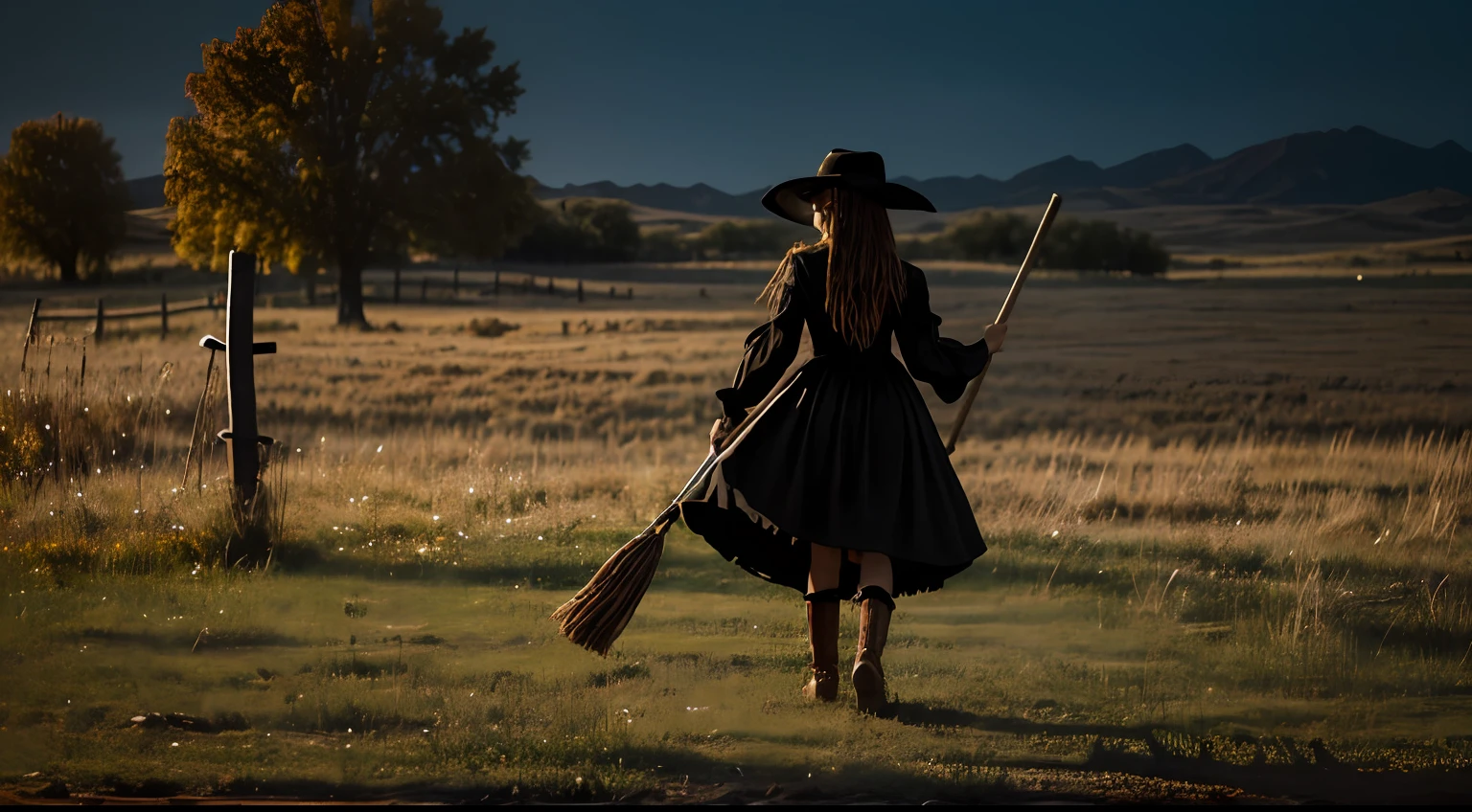 There is a young girl wearing a witch's costume and holding a broom,beautiful cowboy witch,revcowgirl,Full body background of young witch,COW GIRL,western cowgirl,Dress up as a western sheriff,in a halloween style,broom,Full body background of young witch,With black braids,Witch Girl,wearing straw hat,Willow Smith is young,photoshoot