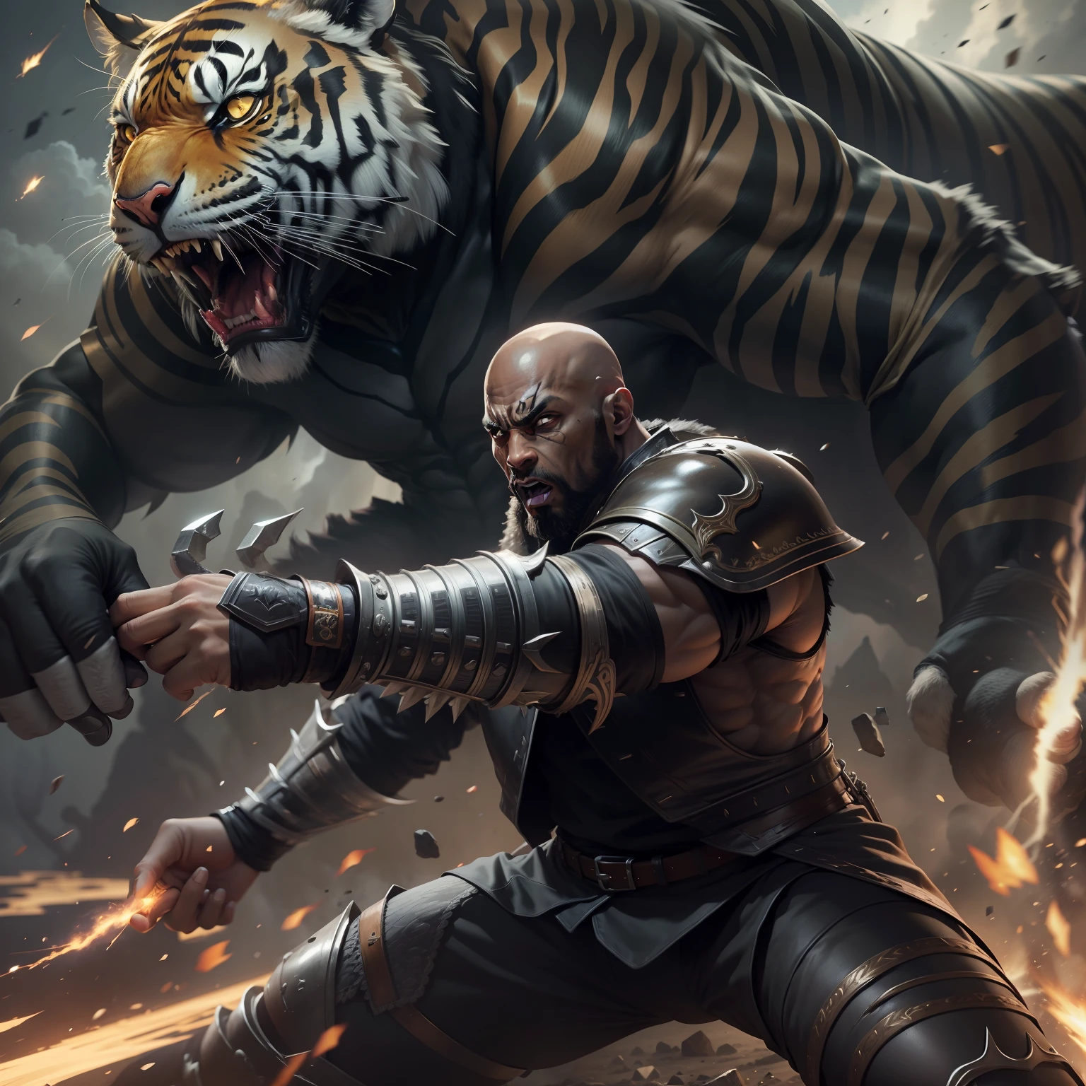 realistic image of a bald black man, 40 years old, tall and strong, ultra-detailed black eyes, furious expression, dressed in black RPG warrior costume and with silver shoulder pads, firing an energy attack, image of a tiger as a background