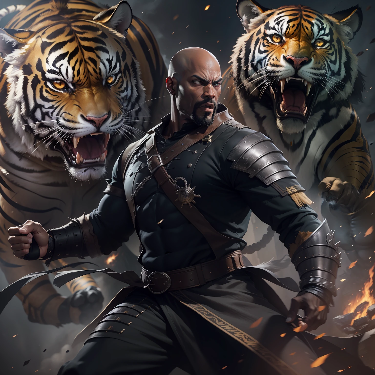 realistic image of a bald black man, 40 years old, tall and strong, ultra-detailed black eyes, furious expression, dressed in black RPG warrior costume and with silver shoulder pads, firing an energy attack, image of a tiger as a background