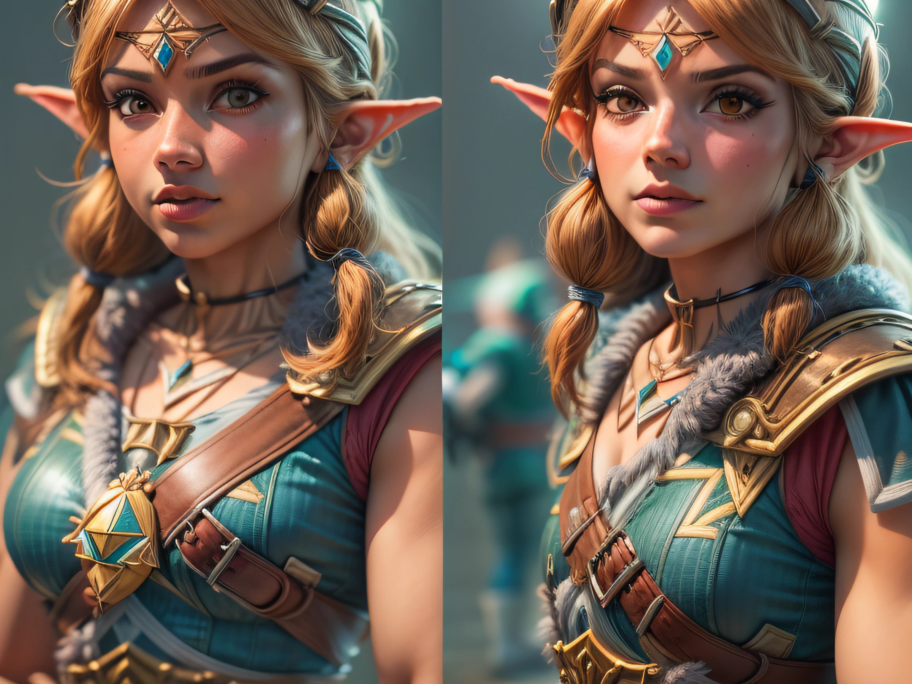 Close em Link de the legend of zelda em roupa azul e bege segurando em poses de combate como em street fighter, Zelda, Retrato de Zelda, de lenda de Zelda, Link da lenda de Zelda, link do Zelda, Fotos cosplay, Cosplay ornamentado, Cosplay profissional, Cosplay, Cosplay Completo, Artgerm Moody Fotografia, Campos Hyrule, ray-traced, 3D-rendering, extremanente detalhado, alta qualidade, luz e sombra realistas, cabelos loiros, eye reflection, sorriso leve, ray tracing, ray tracing, High detail, Realismo, hiper-realismo, profundidade de campo, Cinematic lighting, desfoque de movimento, brilho, luz brilhante, raios de deus, ray tracing, reflection light, Afterimage, Multiple views, Reflexo da lente, Bokeh, 4k, UHD, master part, anatomicamente correto, pele texturizada, super detalhe, alta qualidade, best quality, 8k
