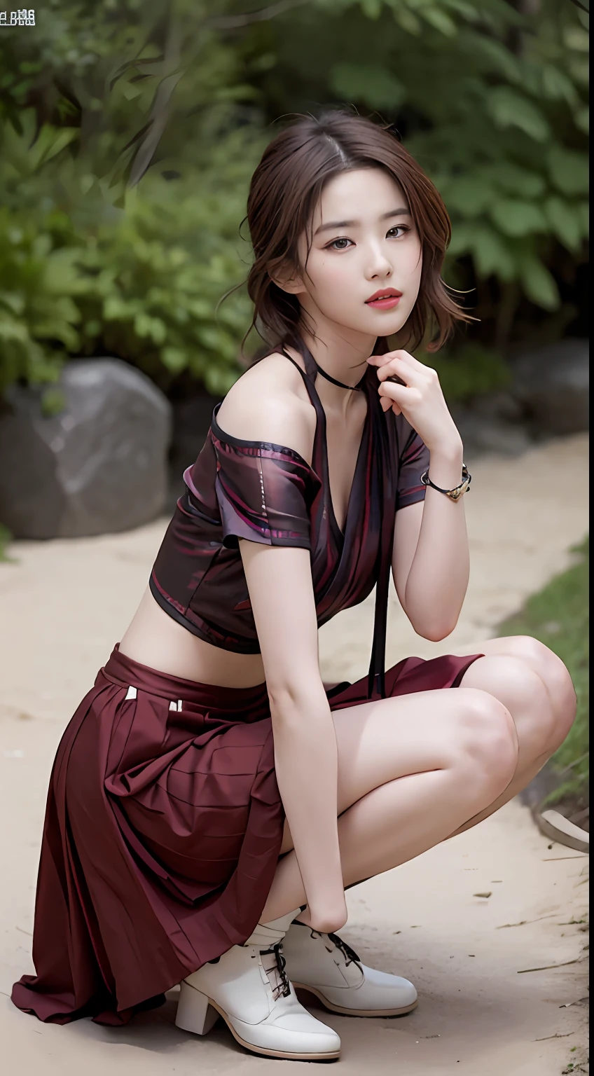 NSFW, 8K Raw photograph, best qualtiy, tmasterpiece, 超高分辨率, filmgrain, cinematic ligh, 1girll, looking at viewert, Natural skin texture, Realistic Eyes and Face Details, full pouty lips, lipsticks, (putting makeup on), Red eyeshadow, Short fluffy hair, messy hair, ssmile, Keep one's mouth shut, beautifullegs, Tall women, being thin, Slim_Legs, 独奏, Brustwarzen, Pose with your hips facing you, Superskirt, hindquarters, Beautiful natural location, Location of flowers around, (detailedbackground) , Show a little through the shirt, Footwear, vague background, bblurry, halter,, short- sleeved, The ribbon is around the neck, JK ribbon, brown hair, bangle, Eau, By bangs, jewely, parted lip, cparted lips, From the side Side, Printed silk skirt, depth of fields,beachside,zona rural,are standing,