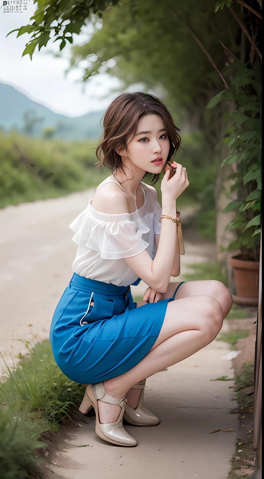 NSFW, 8K Raw photograph, best qualtiy, tmasterpiece, 超高分辨率, filmgrain, cinematic ligh, 1girll, looking at viewert, Natural skin texture, Realistic Eyes and Face Details, full pouty lips, lipsticks, (putting makeup on), Red eyeshadow, Short fluffy hair, messy hair, ssmile, Keep one's mouth shut, beautifullegs, Tall women, being thin, Slim_Legs, 独奏, Brustwarzen, Pose with your hips facing you, Superskirt, hindquarters, Beautiful natural location, Location of flowers around, (detailedbackground) , Show a little through the shirt, Footwear, vague background, bblurry, halter,, short- sleeved, The ribbon is around the neck, JK ribbon, brown hair, bangle, Eau, By bangs, jewely, parted lip, cparted lips, From the side Side, Printed silk skirt, depth of fields,beachside,zona rural,are standing,