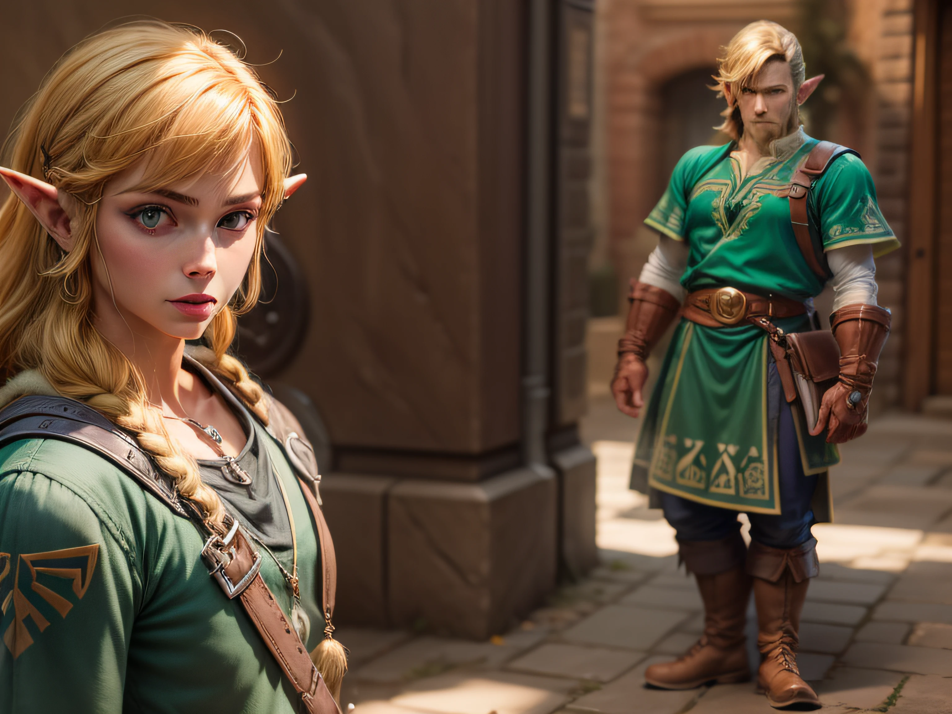 Link de the legend of zelda em roupa azul e bege segurando em poses de combate como em street fighter, Zelda, Retrato de Zelda, de lenda de Zelda, Link da lenda de Zelda, link do Zelda, Fotos cosplay, Cosplay ornamentado, Cosplay profissional, Cosplay, Cosplay Completo, Artgerm Moody Fotografia, Campos Hyrule, ray-traced, 3D-rendering, extremanente detalhado, alta qualidade, luz e sombra realistas, cabelos loiros, eye reflection, sorriso leve, ray tracing, ray tracing, High detail, Realismo, hiper-realismo, profundidade de campo, Cinematic lighting, desfoque de movimento, brilho, luz brilhante, raios de deus, ray tracing, reflection light, Afterimage, Multiple views, Reflexo da lente, Bokeh, 4k, UHD, master part, anatomicamente correto, pele texturizada, super detalhe, alta qualidade, best quality, 8k