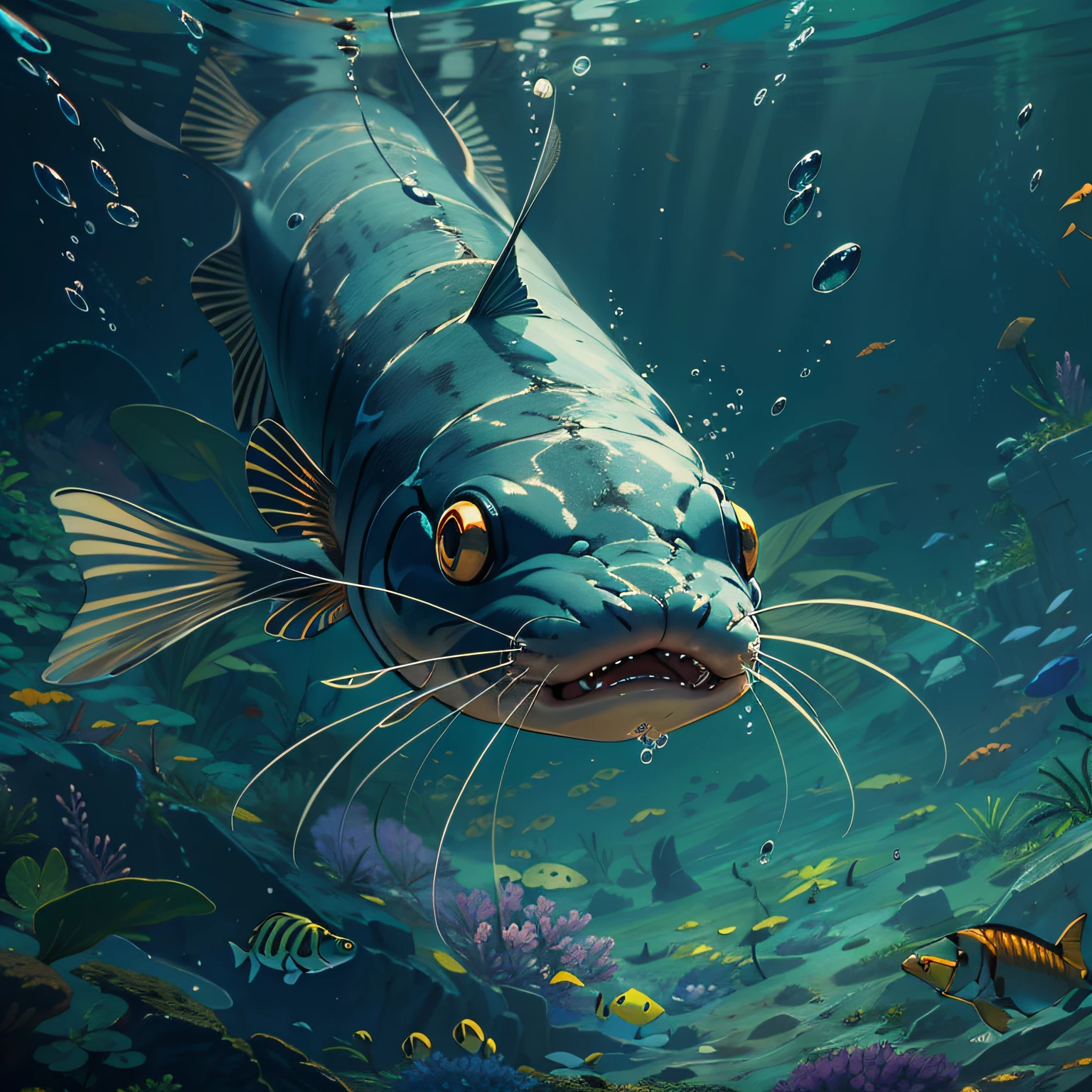 A catfish,Under water, hyper HD, Masterpiece, High quality